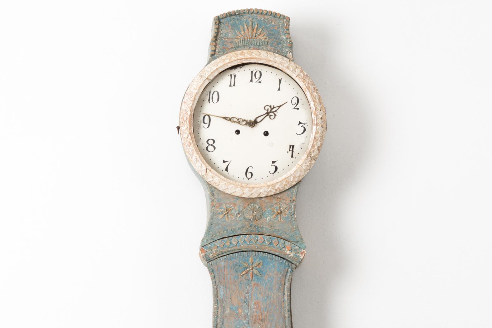 19th Century Antique Swedish Country Mora Clock in Rococo Style with Original Blue Paint