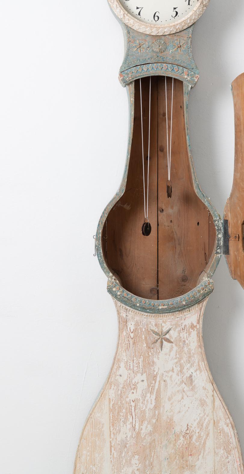 Pine Antique Swedish Country Mora Clock in Rococo Style with Original Blue Paint