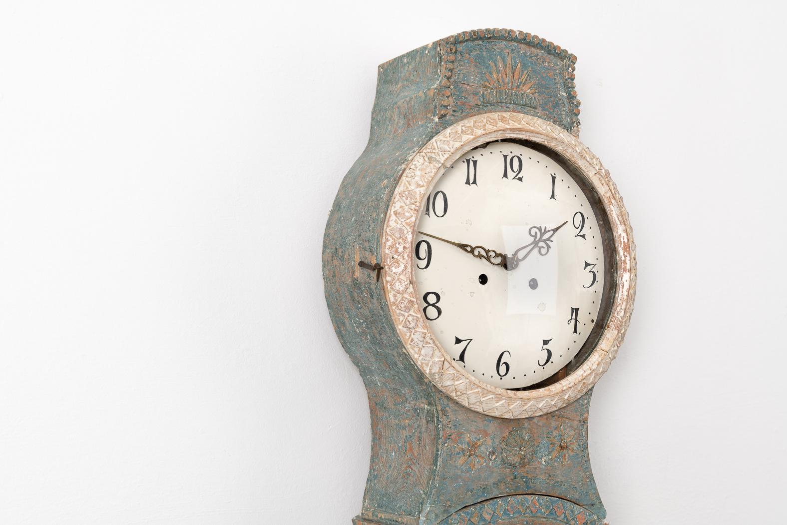 Antique Swedish Country Mora Clock in Rococo Style with Original Blue Paint 3