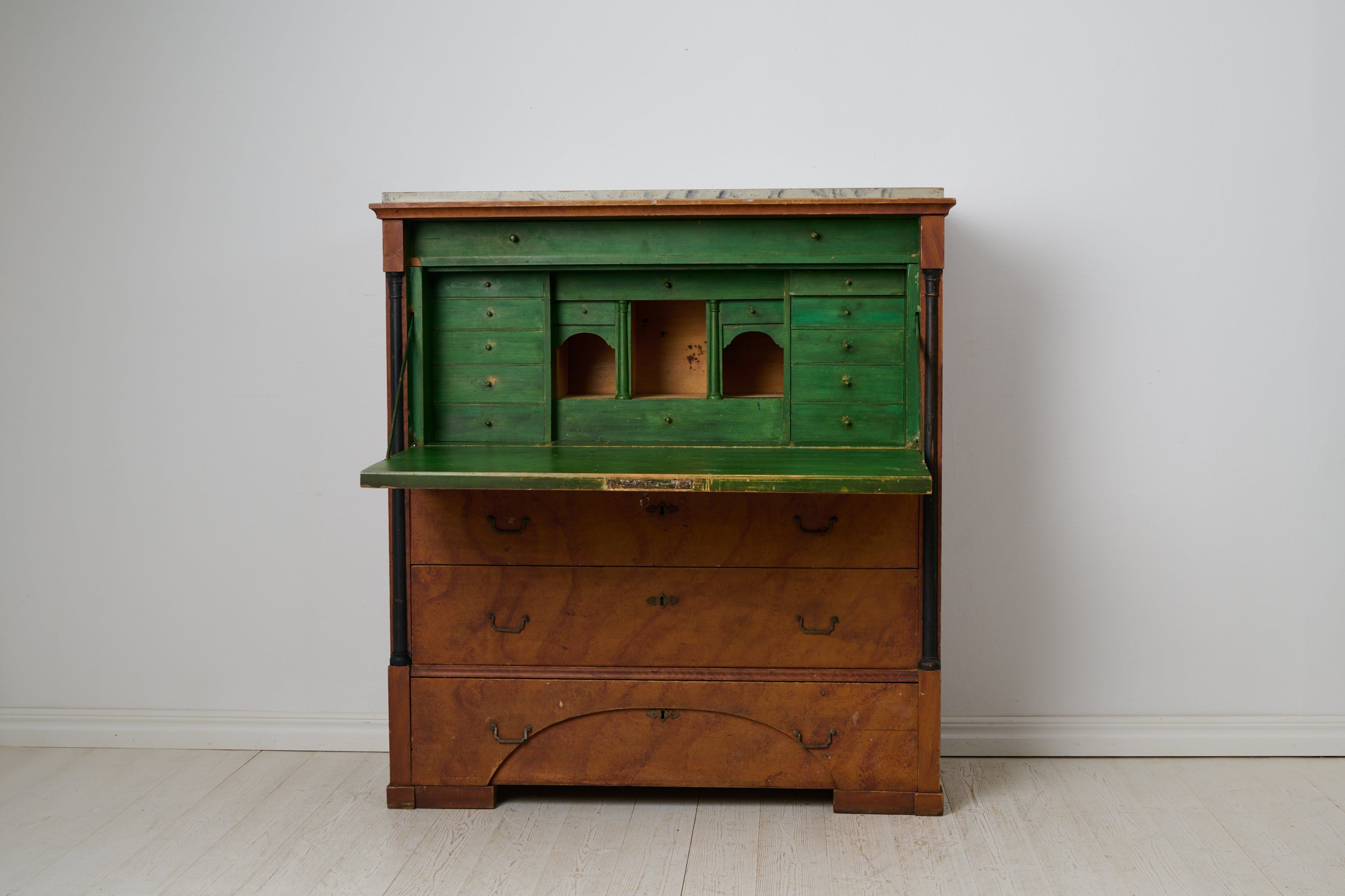 Antique Swedish Country Secretary Desk, Empire Period with Original Faux Paint