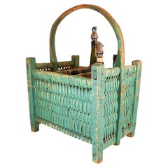 Antique Swedish Dalarna Bottle Carrier with Four Glass Bottles, Circa 1890