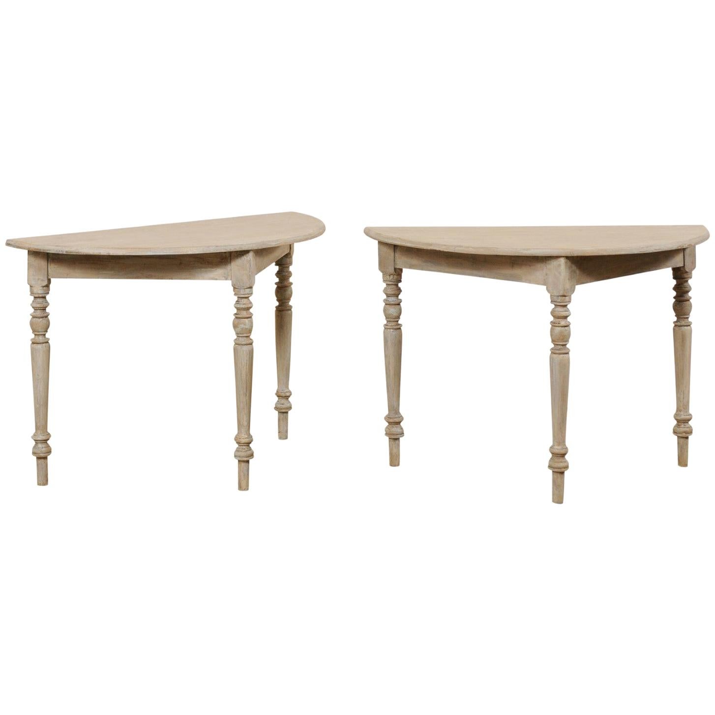 Antique Swedish Demilune Console Tables, Gray with Taupe & Blue Undertones, Pair