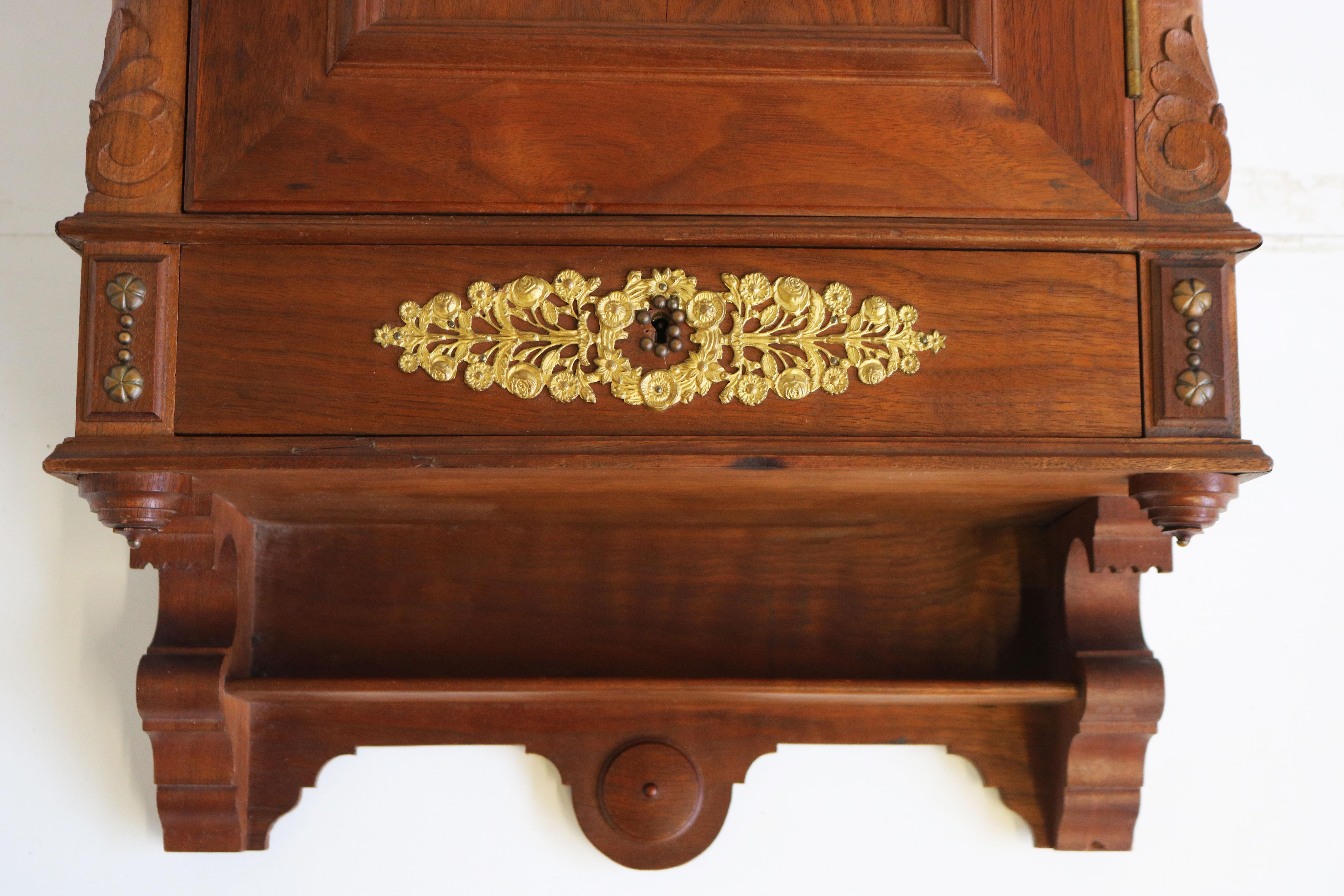 Hand-Carved Antique Swedish Empire Wall Cabinet 19th Century Walnut Gilt Bronze Hanging For Sale