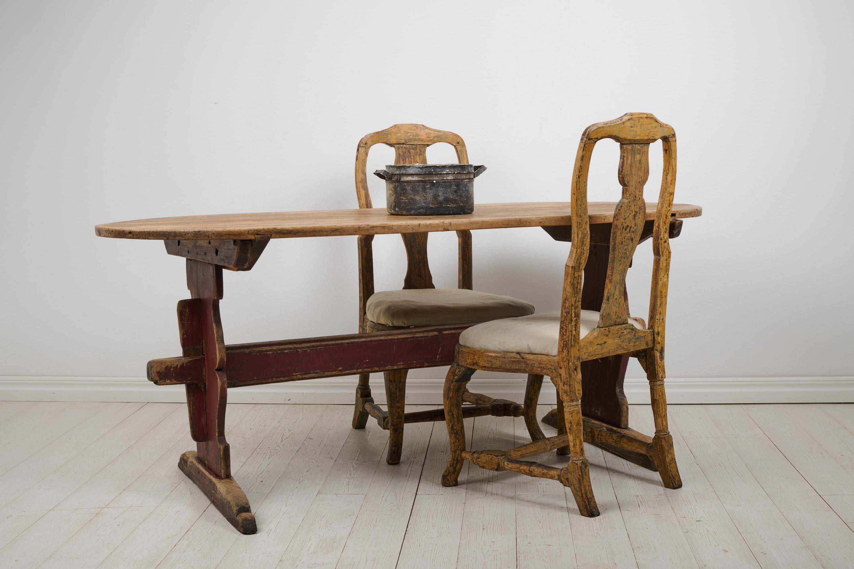19th Century Antique Swedish Folk Art Authentic Pine Hand-Crafted Trestle Table, Dining Table For Sale