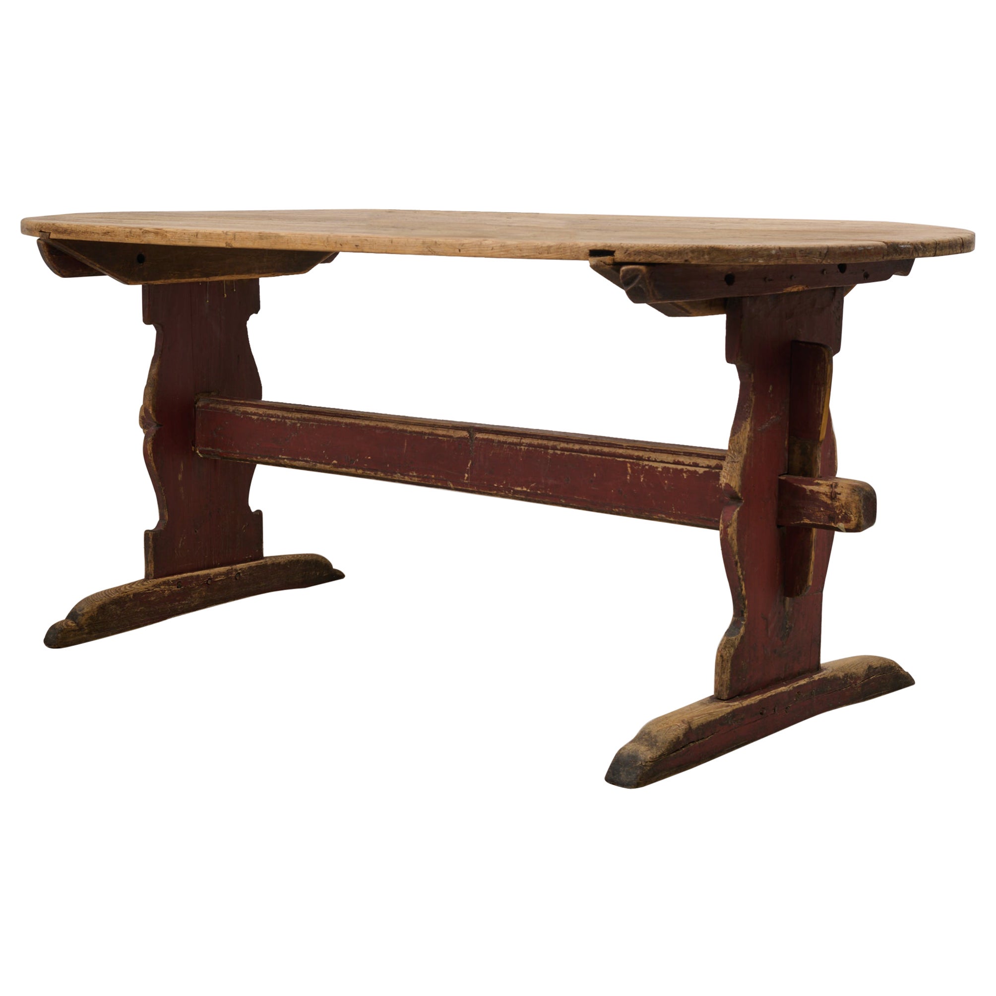 Mesa de caballete, mesa de comedor sueca antigua de pino auténtica hecha a mano con arte popular