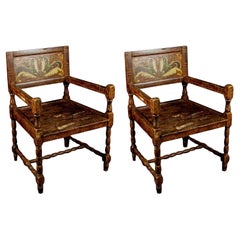 Antique Swedish Folk Art Country Carver Chairs in Kurbits Faux Wood Grain