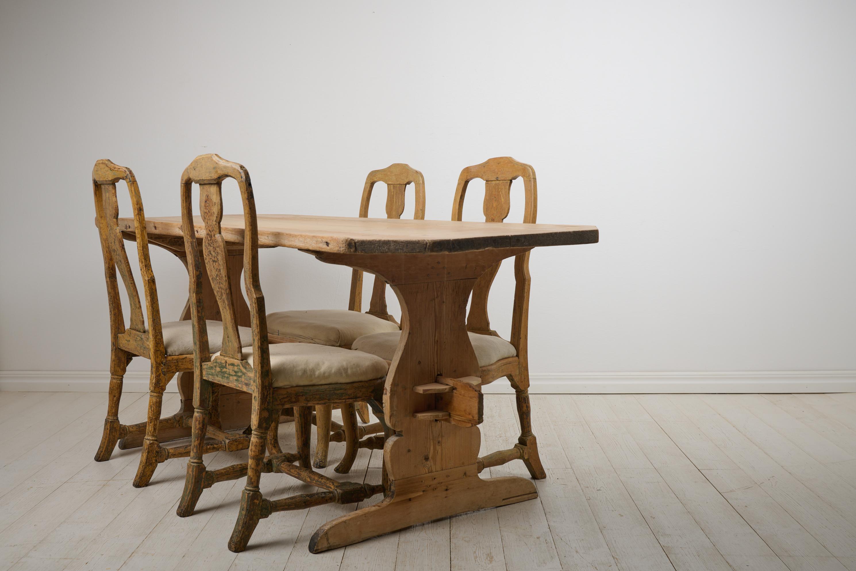 Hand-Crafted Antique Swedish Folk Art Dining Trestle Table Fit for 4-6 People in Solid Pine For Sale