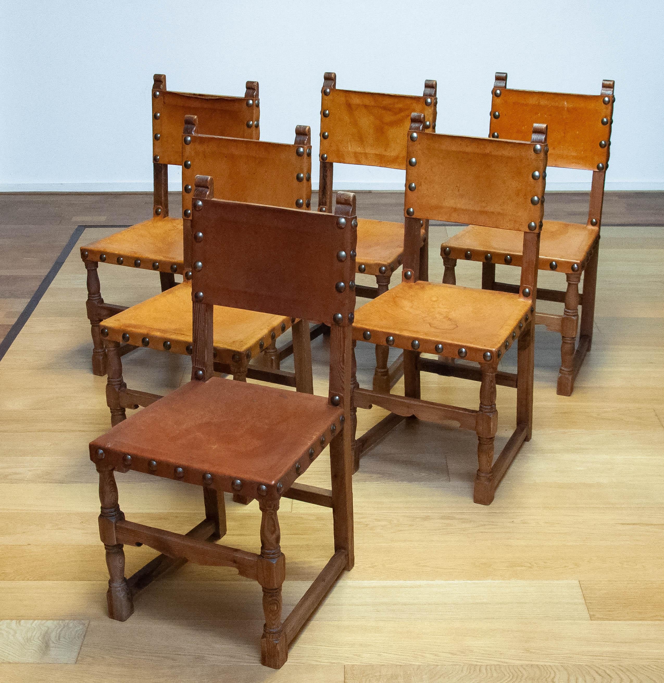 Antique Swedish Folk Art Farm County Dining Table In Pine. Six Chairs In Leather For Sale 7