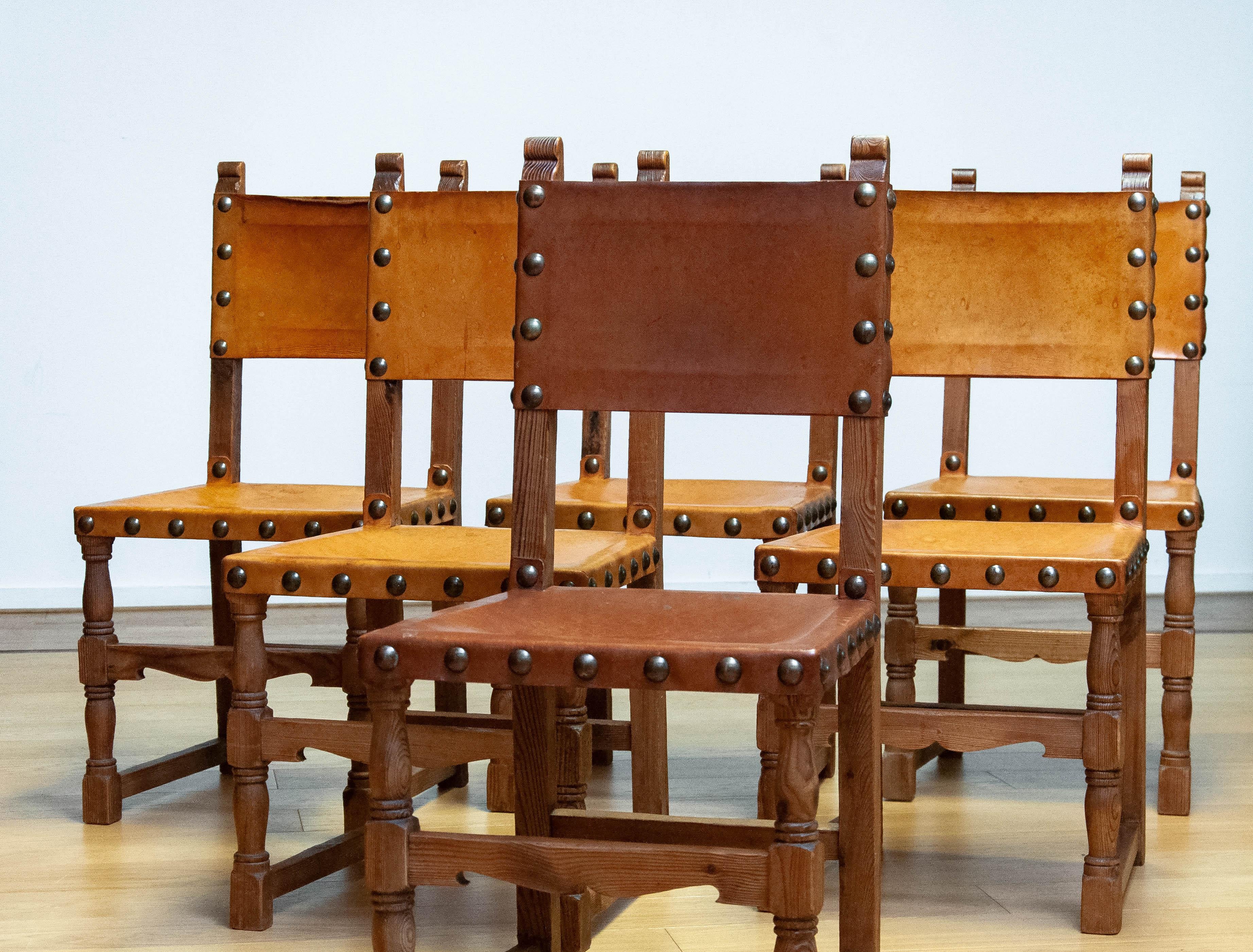 Antique Swedish Folk Art Farm County Dining Table In Pine. Six Chairs In Leather For Sale 7