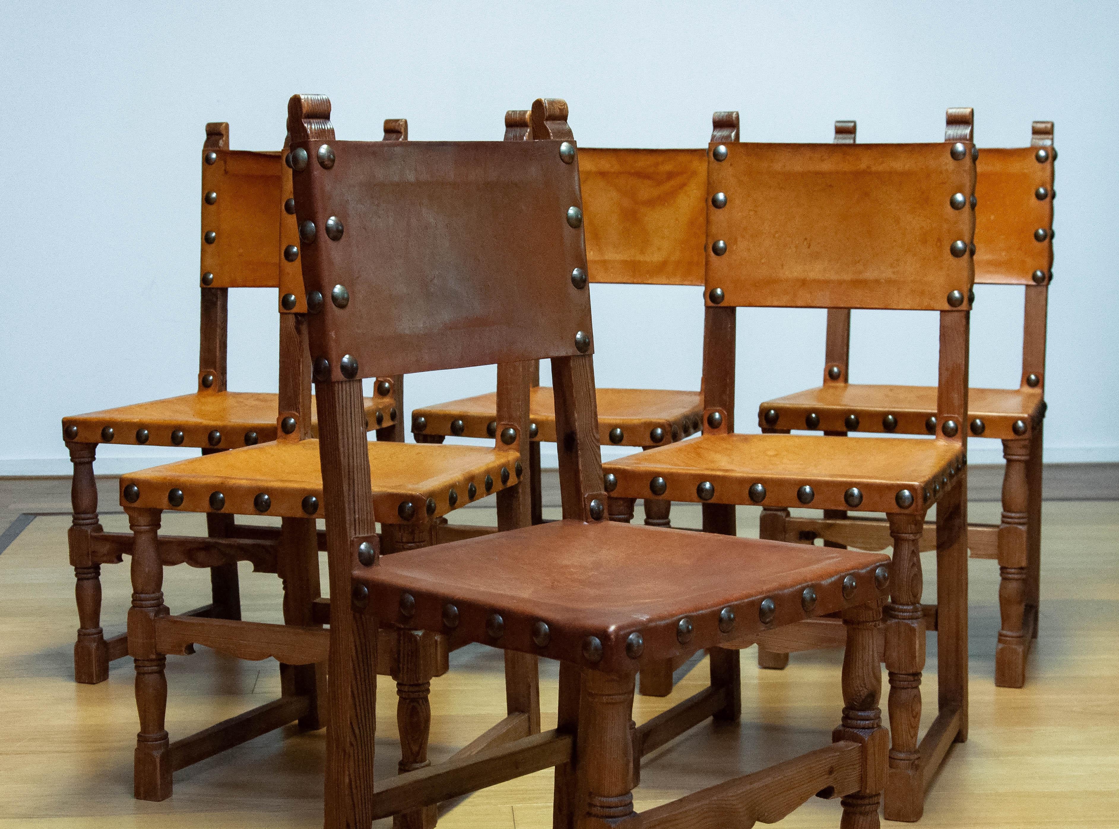 Antique Swedish Folk Art Farm County Dining Table In Pine. Six Chairs In Leather For Sale 8