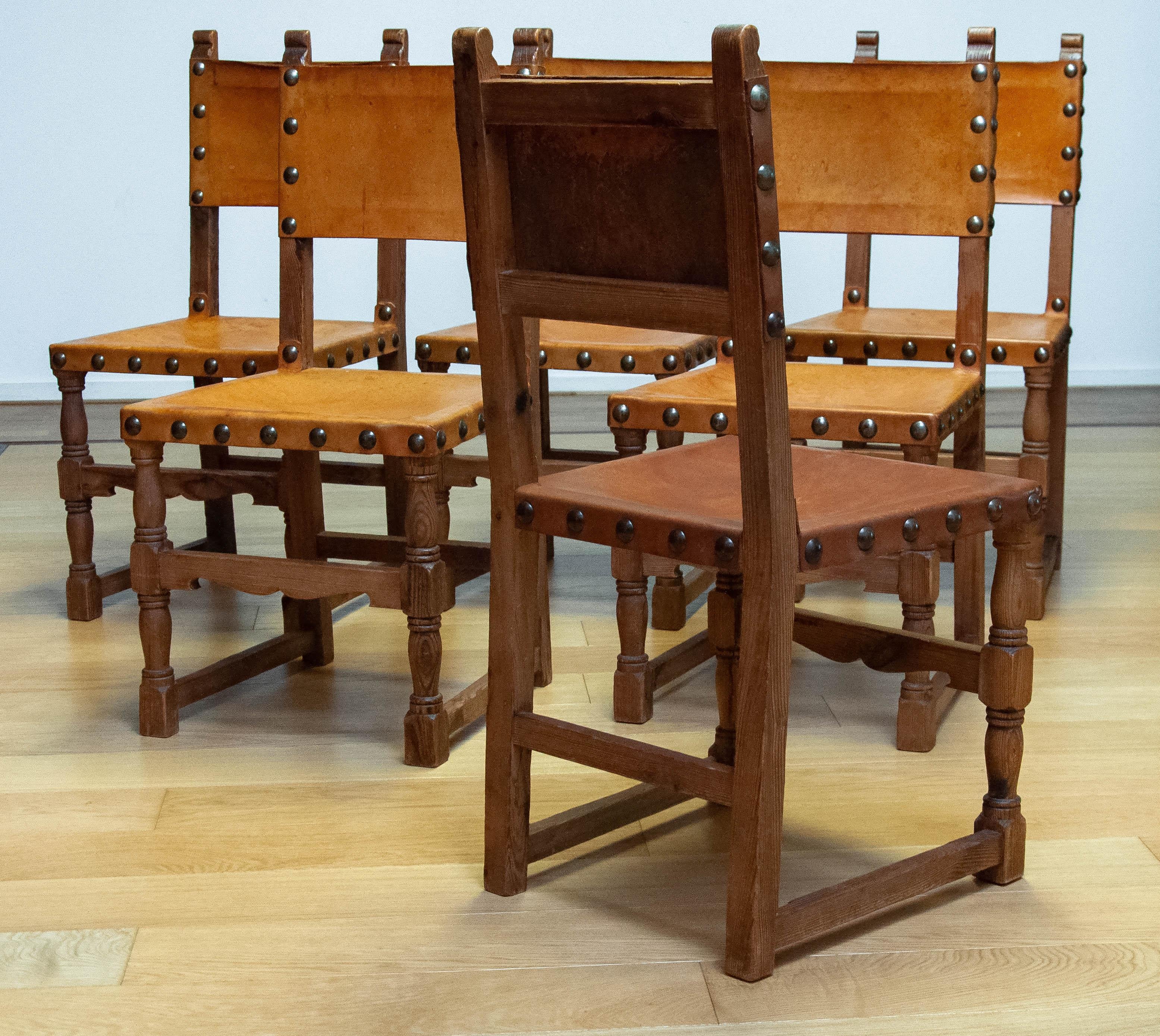 Antique Swedish Folk Art Farm County Dining Table In Pine. Six Chairs In Leather For Sale 9