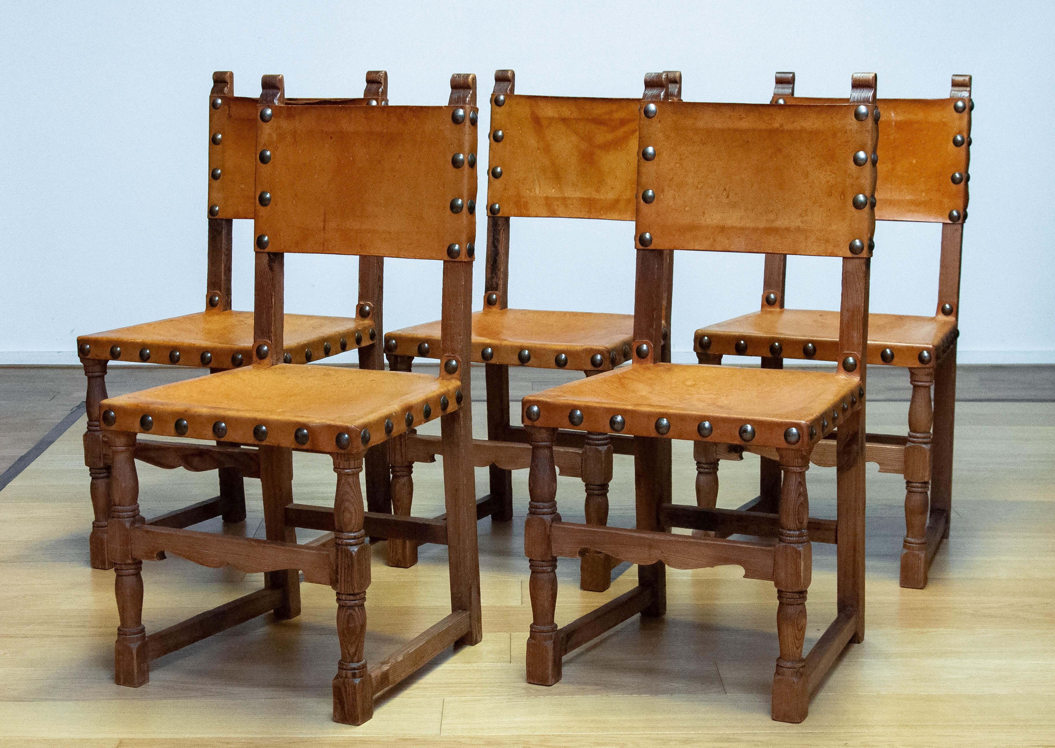 Antique Swedish Folk Art Farm County Dining Table In Pine. Six Chairs In Leather For Sale 11