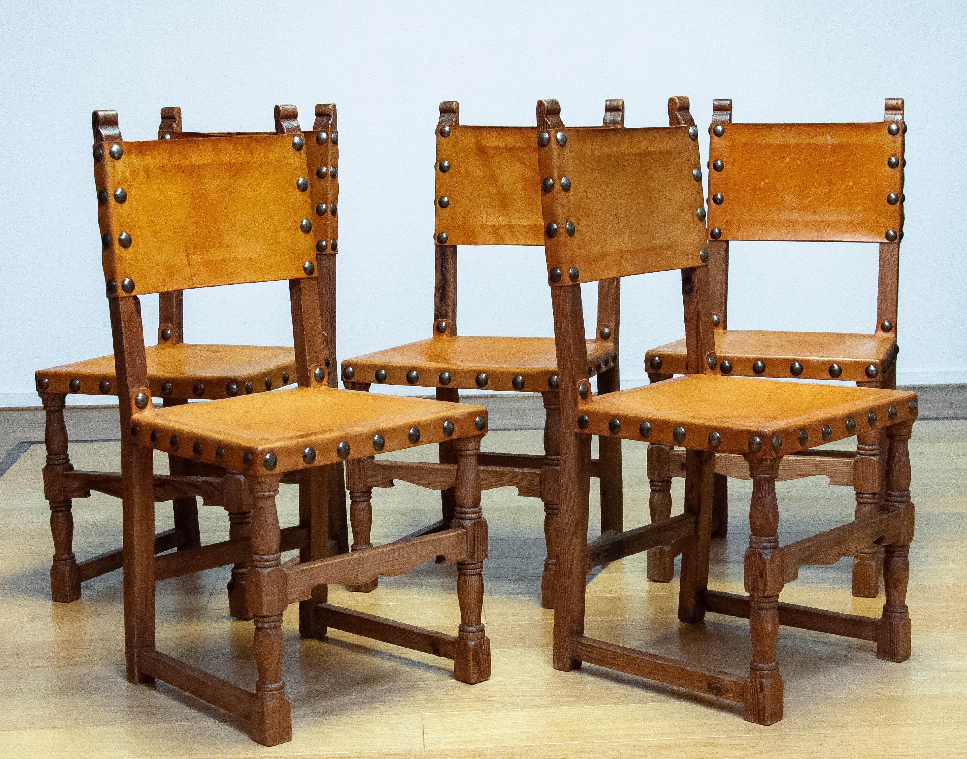 Antique Swedish Folk Art Farm County Dining Table In Pine. Six Chairs In Leather For Sale 11