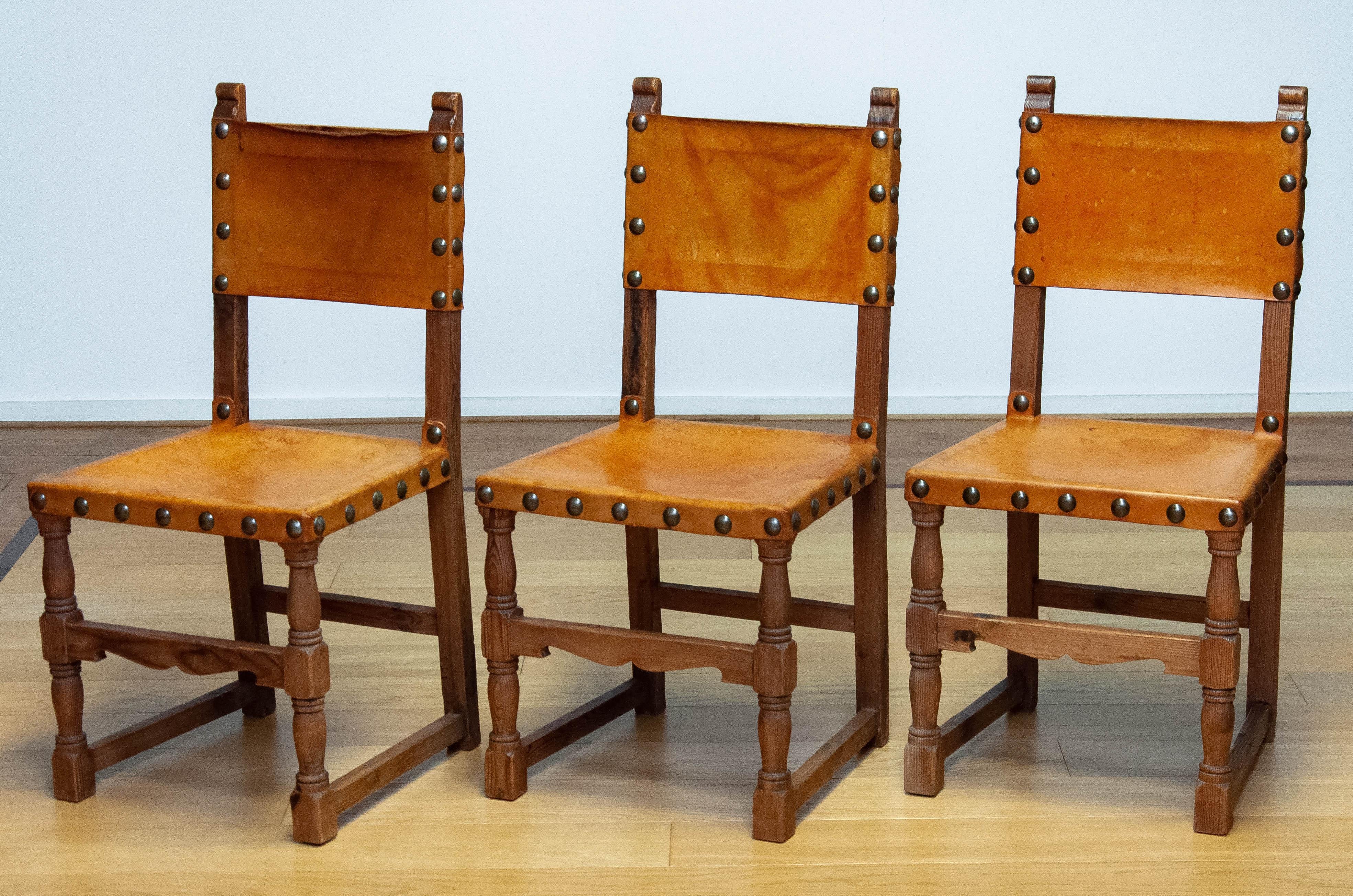 Antique Swedish Folk Art Farm County Dining Table In Pine. Six Chairs In Leather For Sale 12