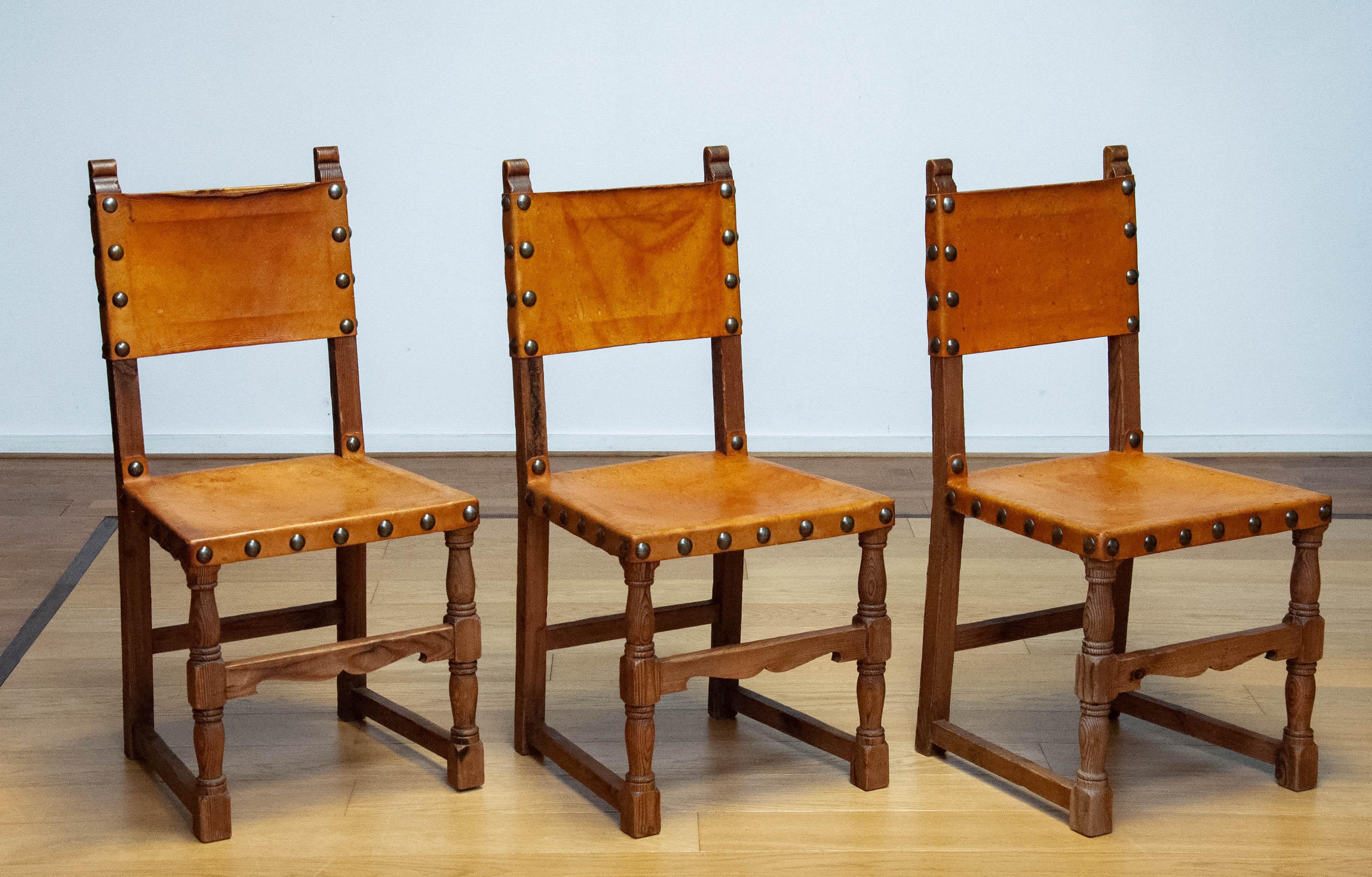Antique Swedish Folk Art Farm County Dining Table In Pine. Six Chairs In Leather For Sale 13