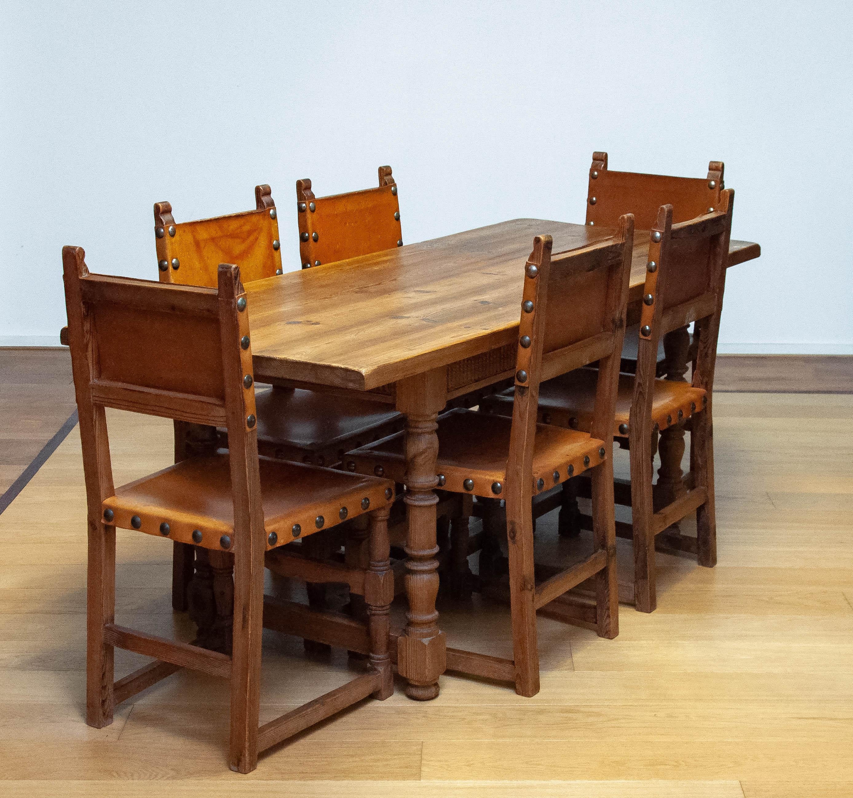 Antique Swedish Folk Art Farm County Dining Table In Pine. Six Chairs In Leather For Sale 1