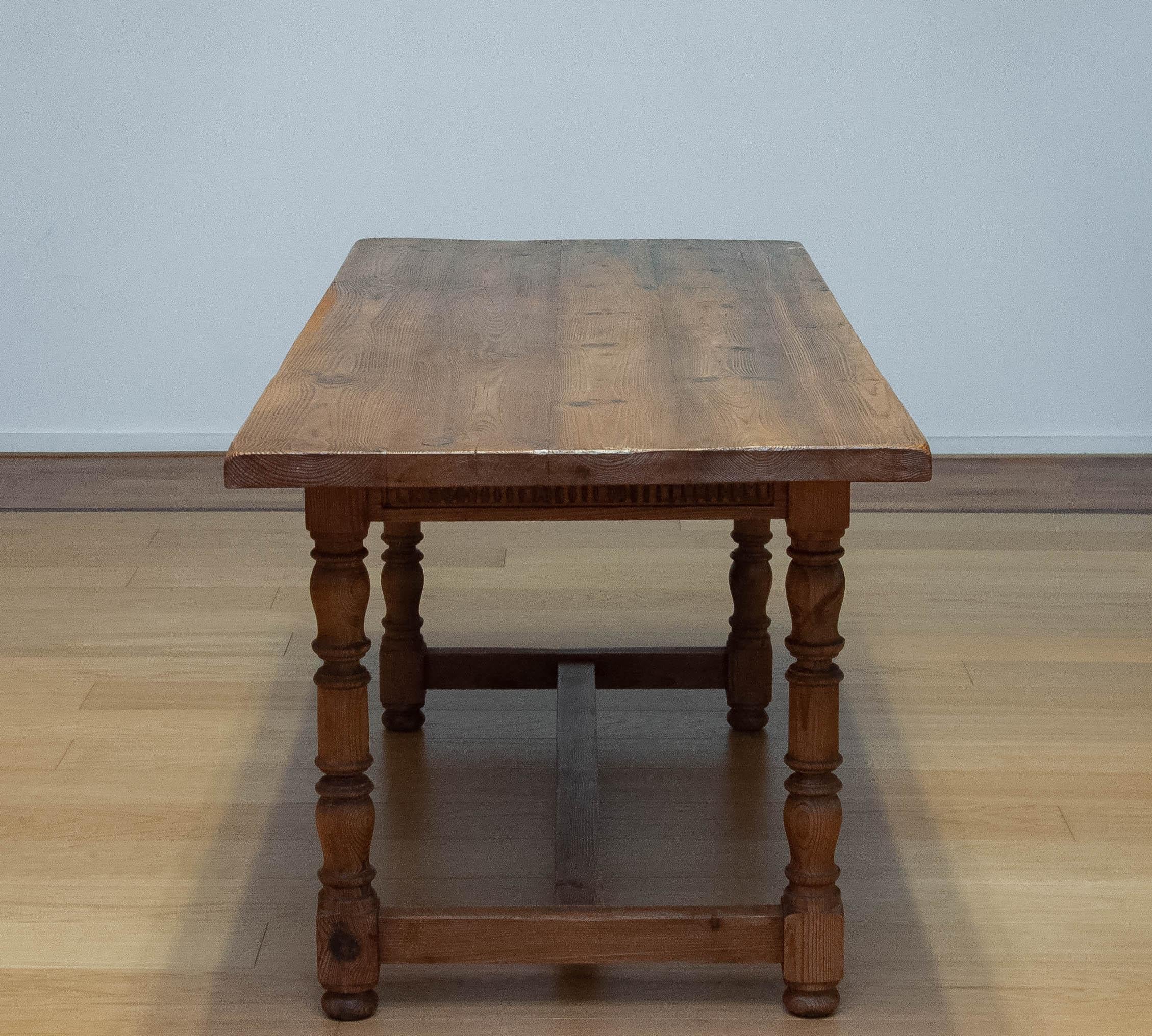 Antique Swedish Folk Art Farm County Dining Table In Pine. Six Chairs In Leather For Sale 2