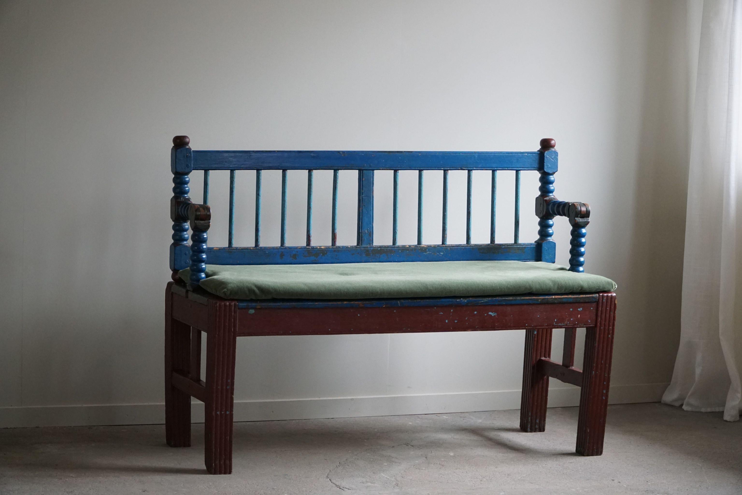 Antique Swedish Folk Art Folding Bench, Original Paint & New Mohair Seat, 1800s For Sale 5