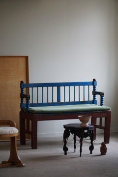 Antique Swedish Folk Art Folding Bench, Original Paint & New Mohair Seat, 1800s