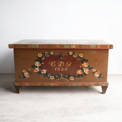 Antique Swedish Folk Art Marriage Chest Storage Box, Early 19th Century