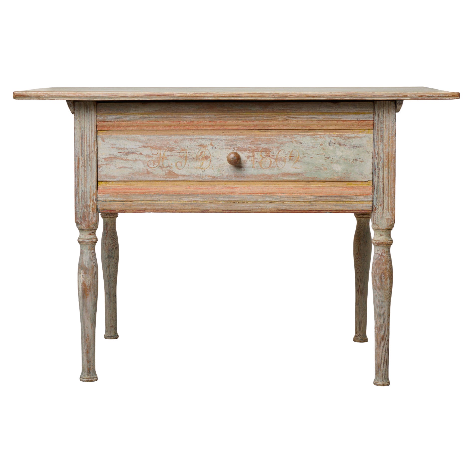 Antique Swedish Folk Art Side Table with A Large Drawer and Original Paint in vendita