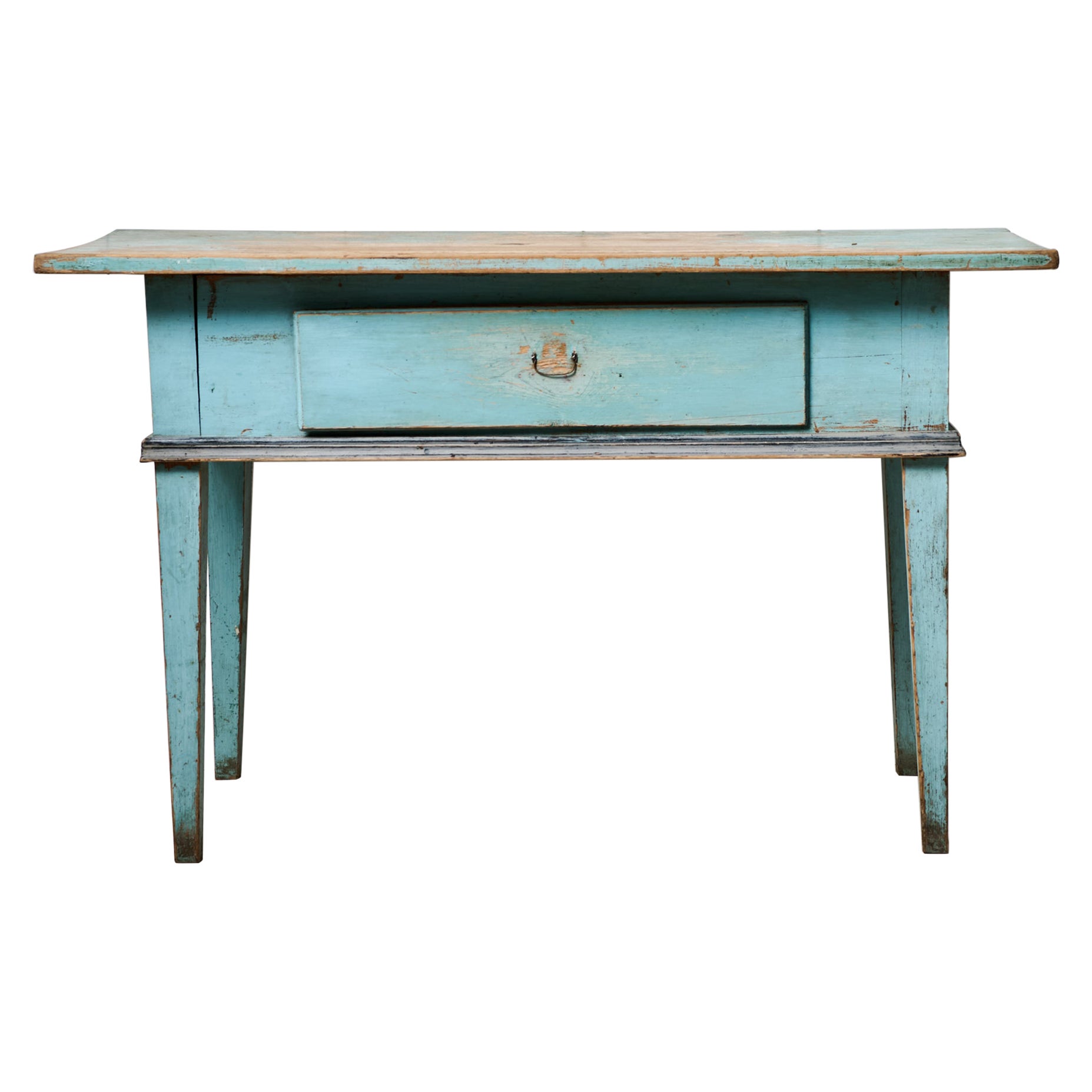 Table antique suédoise de style folklorique, de couleur turquoise, de style gustavien classique avec un tiroir en vente