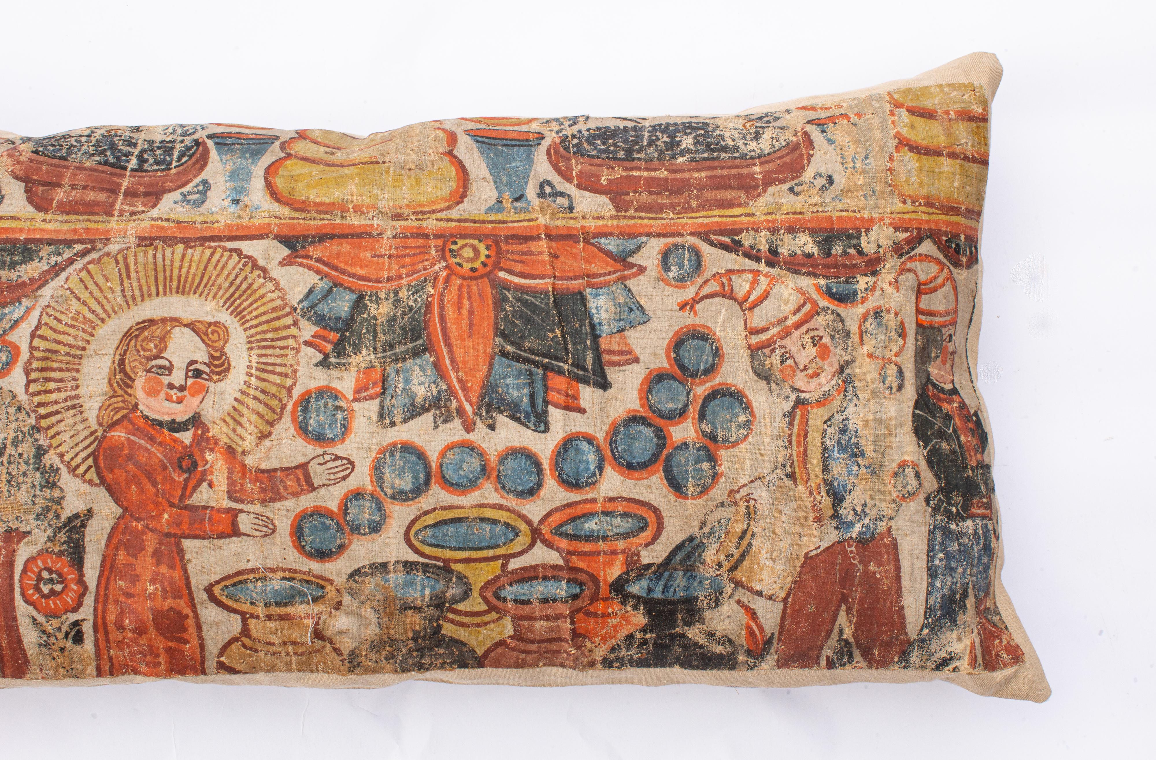 Antique Swedish Folkart Sunnerbo Painting Made to Use as a Pillow In Distressed Condition For Sale In Stockholm, SE