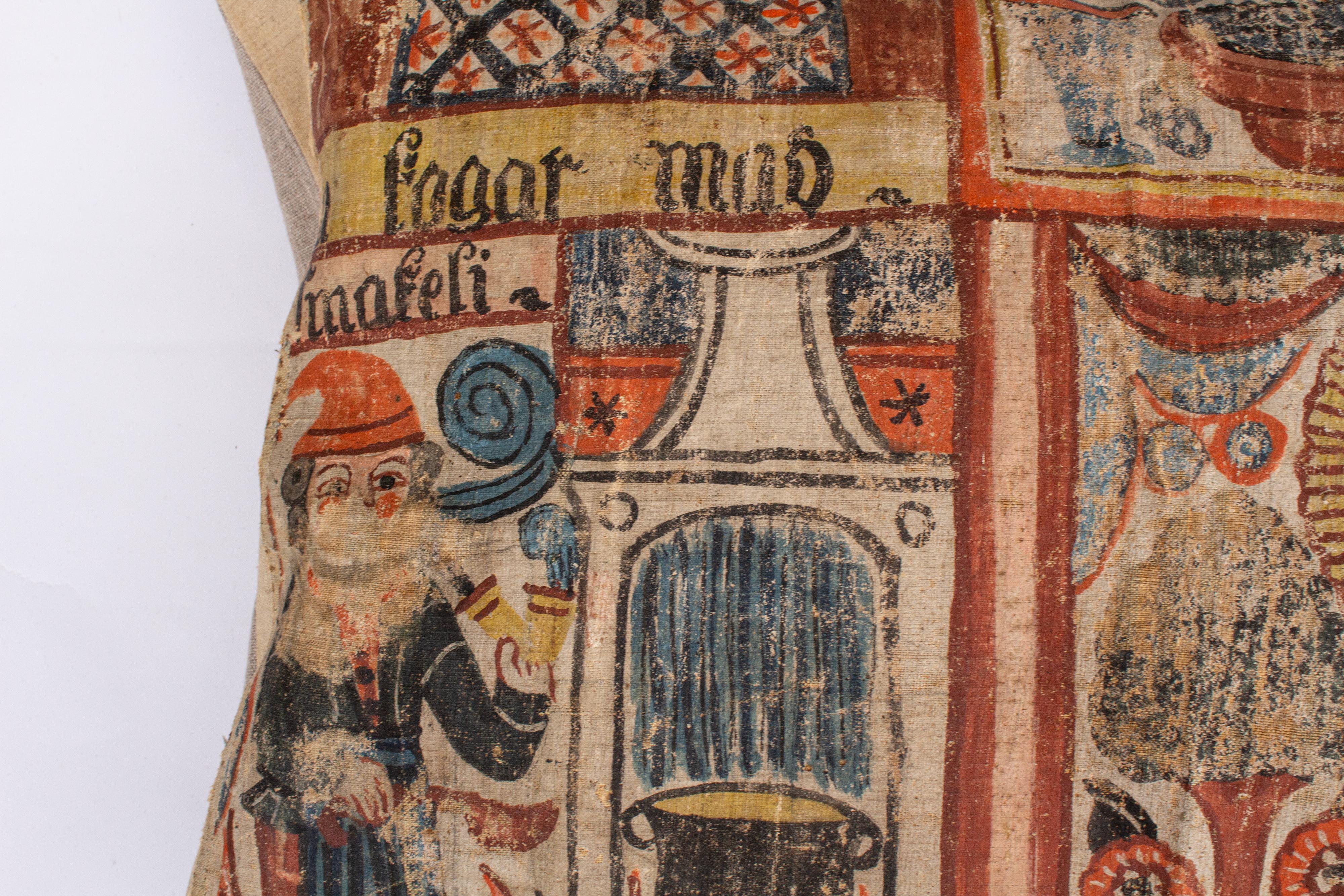 Antikes schwedisches Volkskunstgemälde Sunnerbo, hergestellt für den Gebrauch als Kissen (Farbe) im Angebot