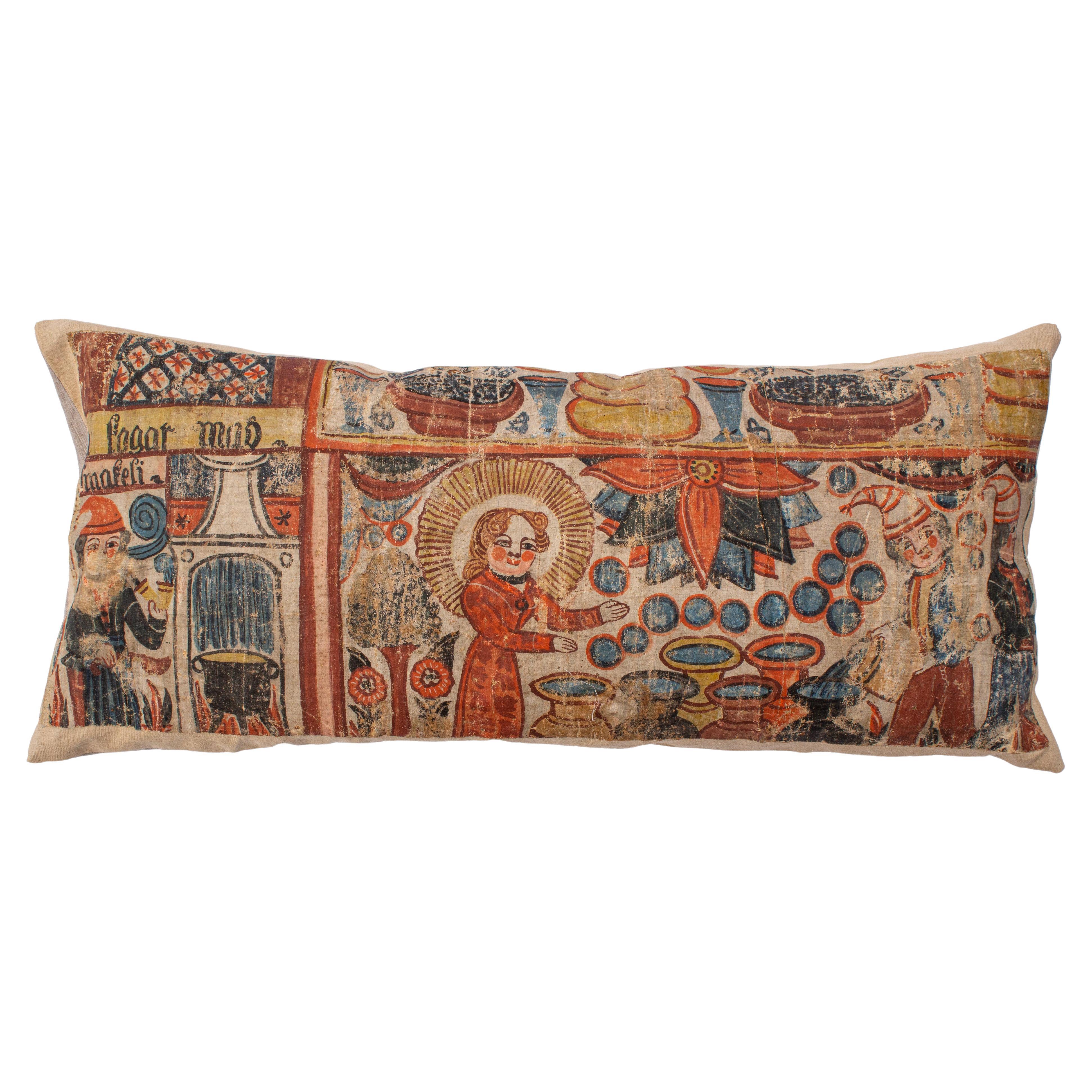 Antikes schwedisches Volkskunstgemälde Sunnerbo, hergestellt für den Gebrauch als Kissen im Angebot