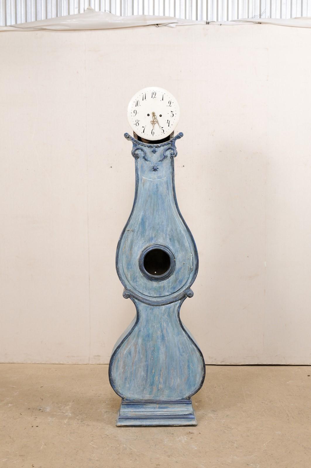 Antique Swedish Fryksdahl Grandfather Clock w/Shapely Body in Blue Hues 5