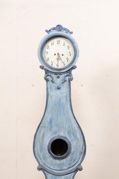 Antique Swedish Fryksdahl Grandfather Clock w/Shapely Body in Blue Hues