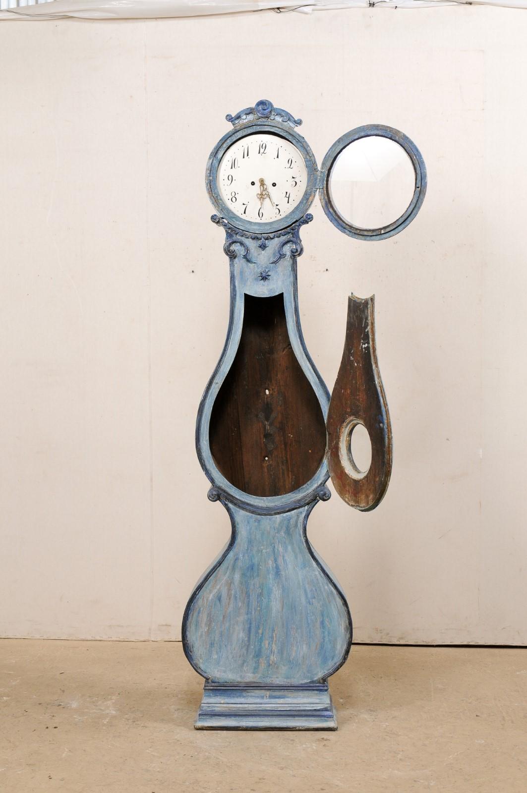 Wood Antique Swedish Fryksdahl Grandfather Clock w/Shapely Body in Blue Hues
