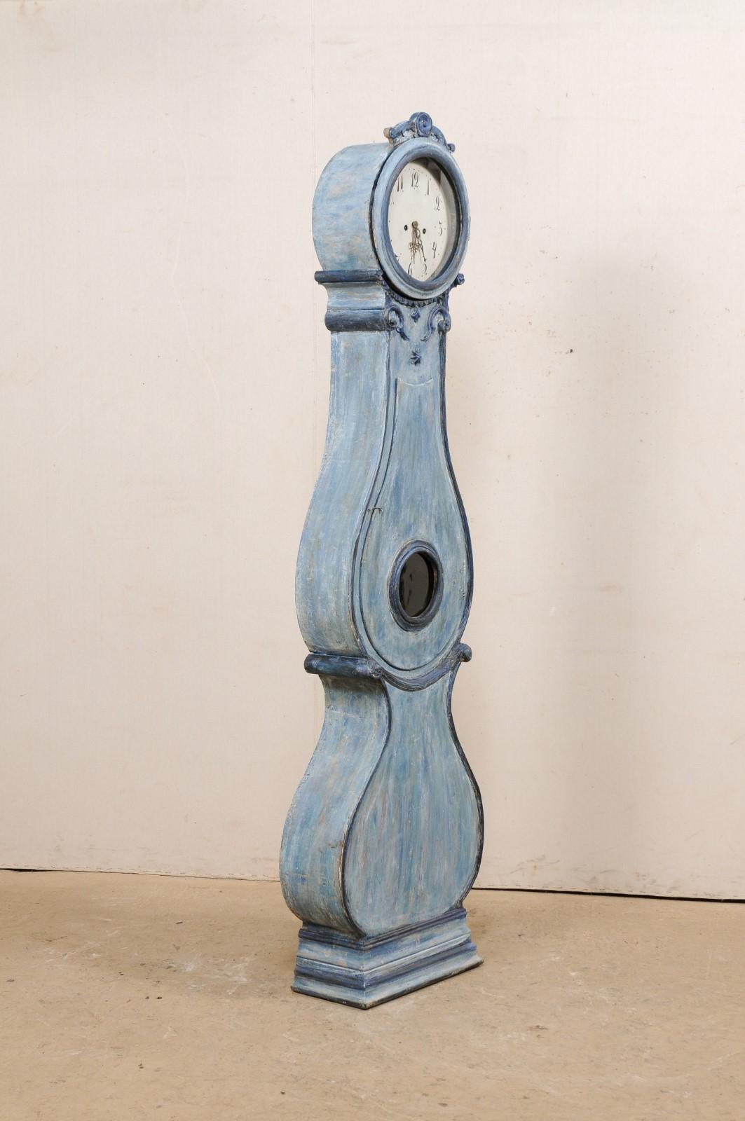 Antique Swedish Fryksdahl Grandfather Clock w/Shapely Body in Blue Hues 1