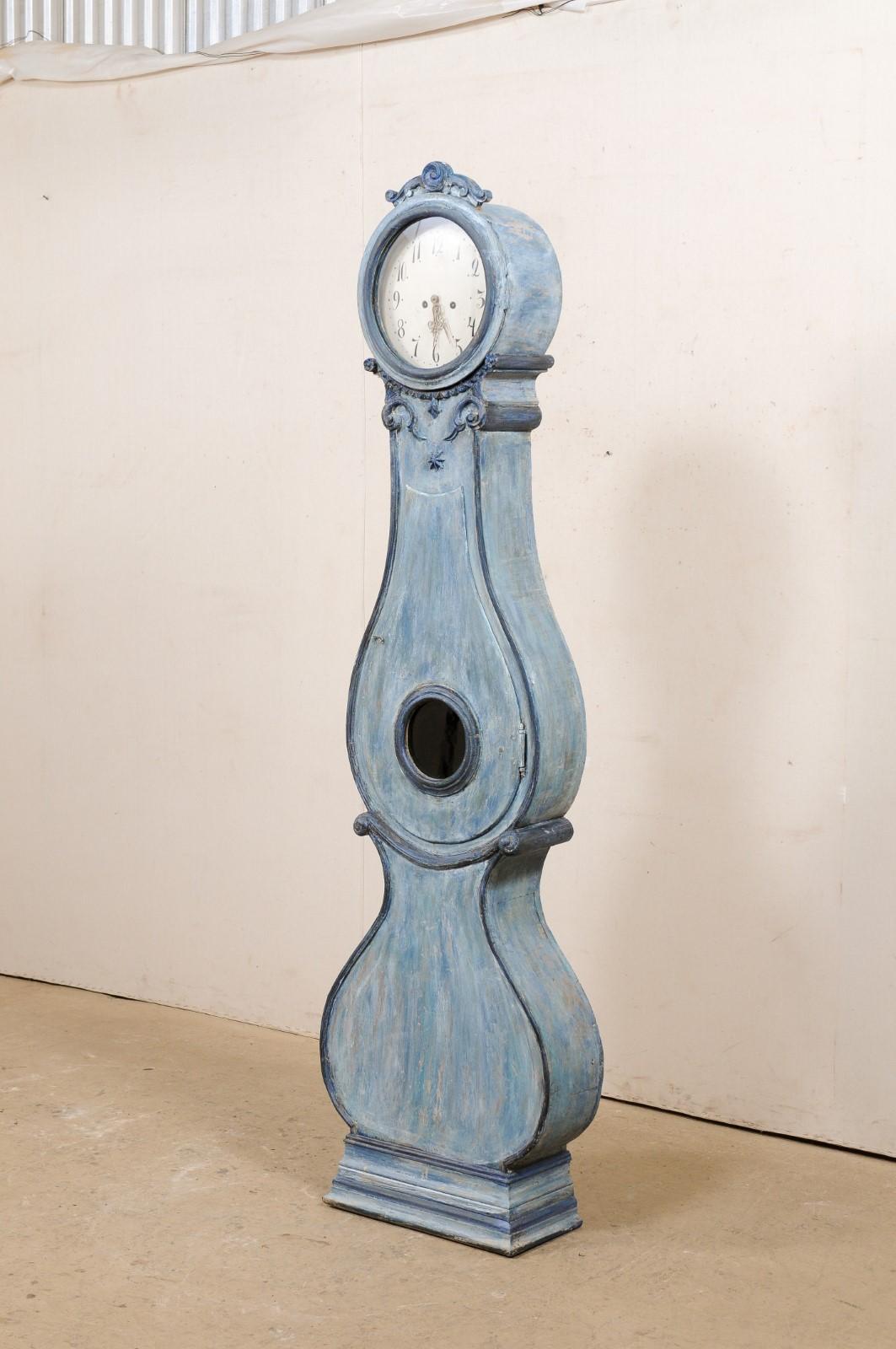 Antique Swedish Fryksdahl Grandfather Clock w/Shapely Body in Blue Hues 3