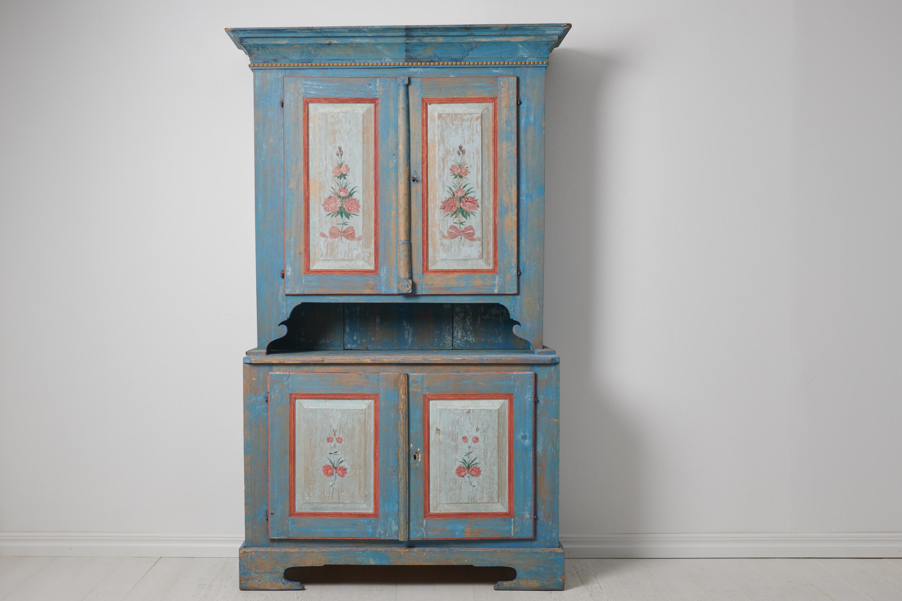 Pine Antique Swedish Genuine Blue Country Cabinet  For Sale