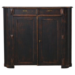 Antique Swedish Genuine Country Sideboard, Carved Decor Distressed Black Paint