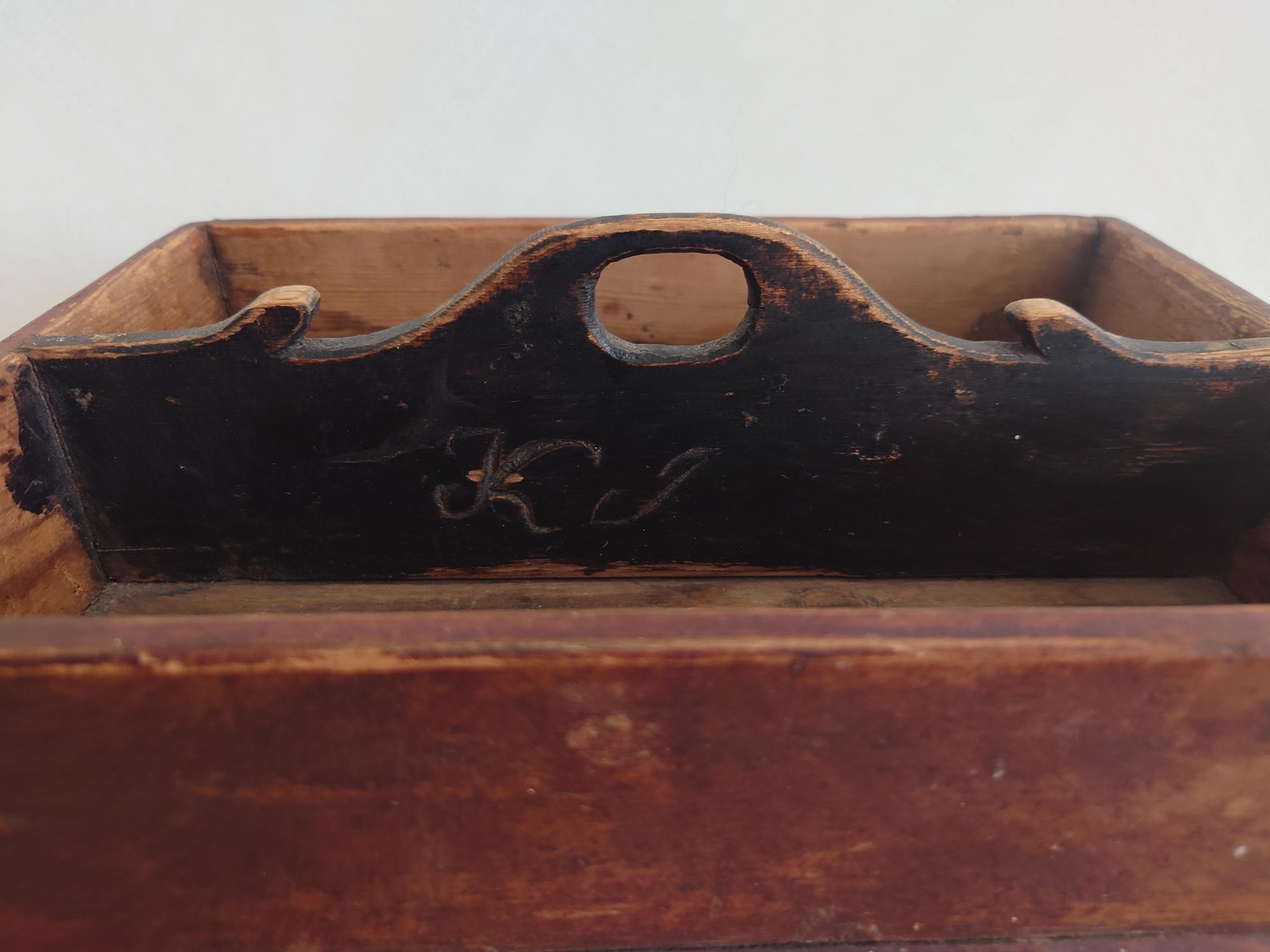 Hand-Carved Antique Swedish genuine Folk Art  Country Cutlery box dated 1857 Original paint For Sale