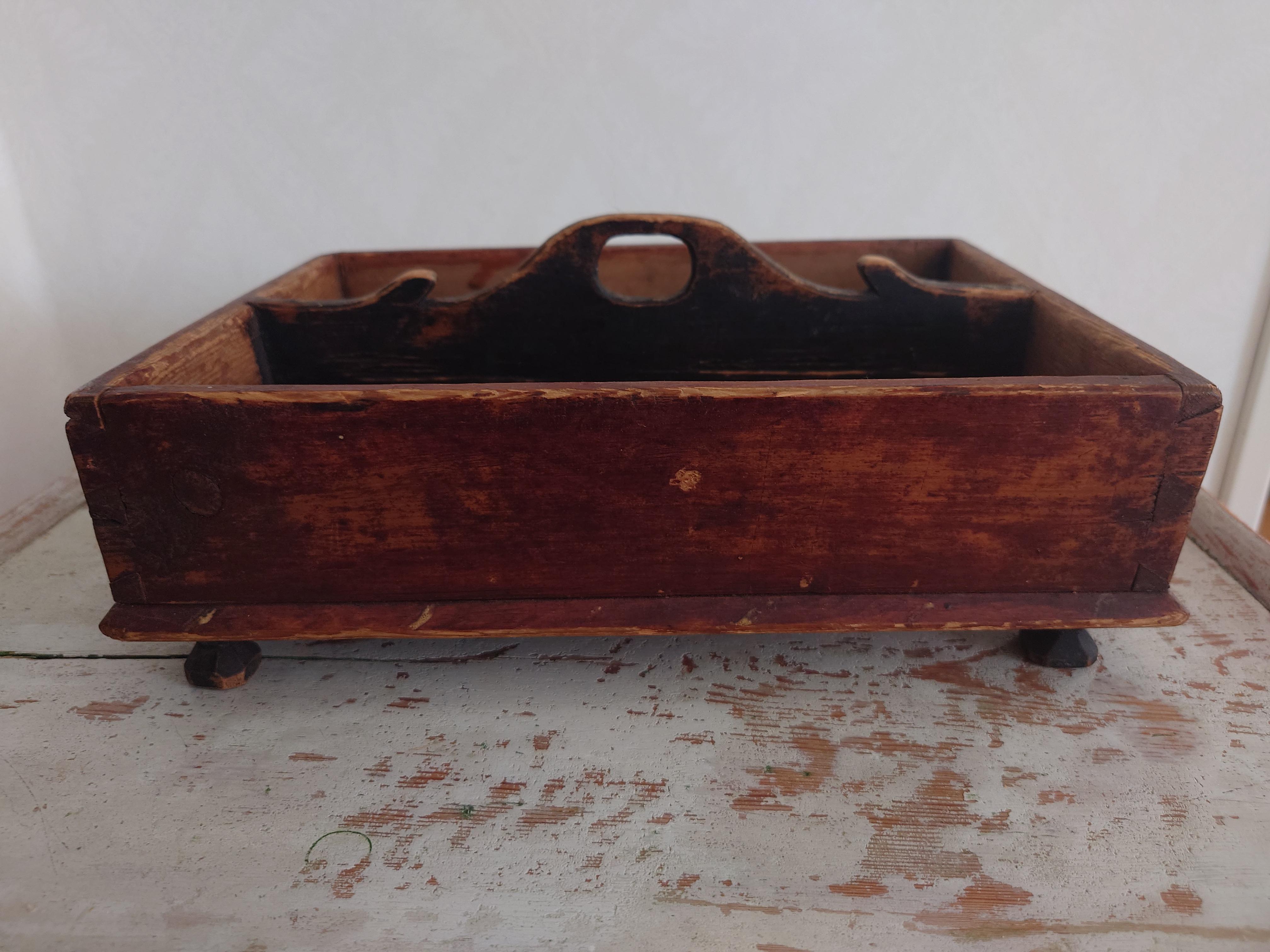 Pine Antique Swedish genuine Folk Art  Country Cutlery box dated 1857 Original paint For Sale