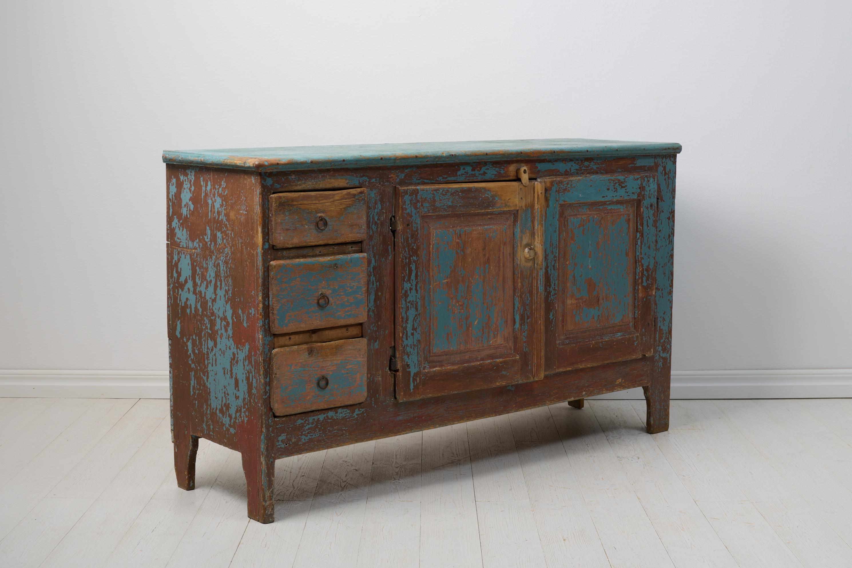 19th Century Antique Swedish Genuine Rustic Blue Low Country Pine Sideboard  For Sale