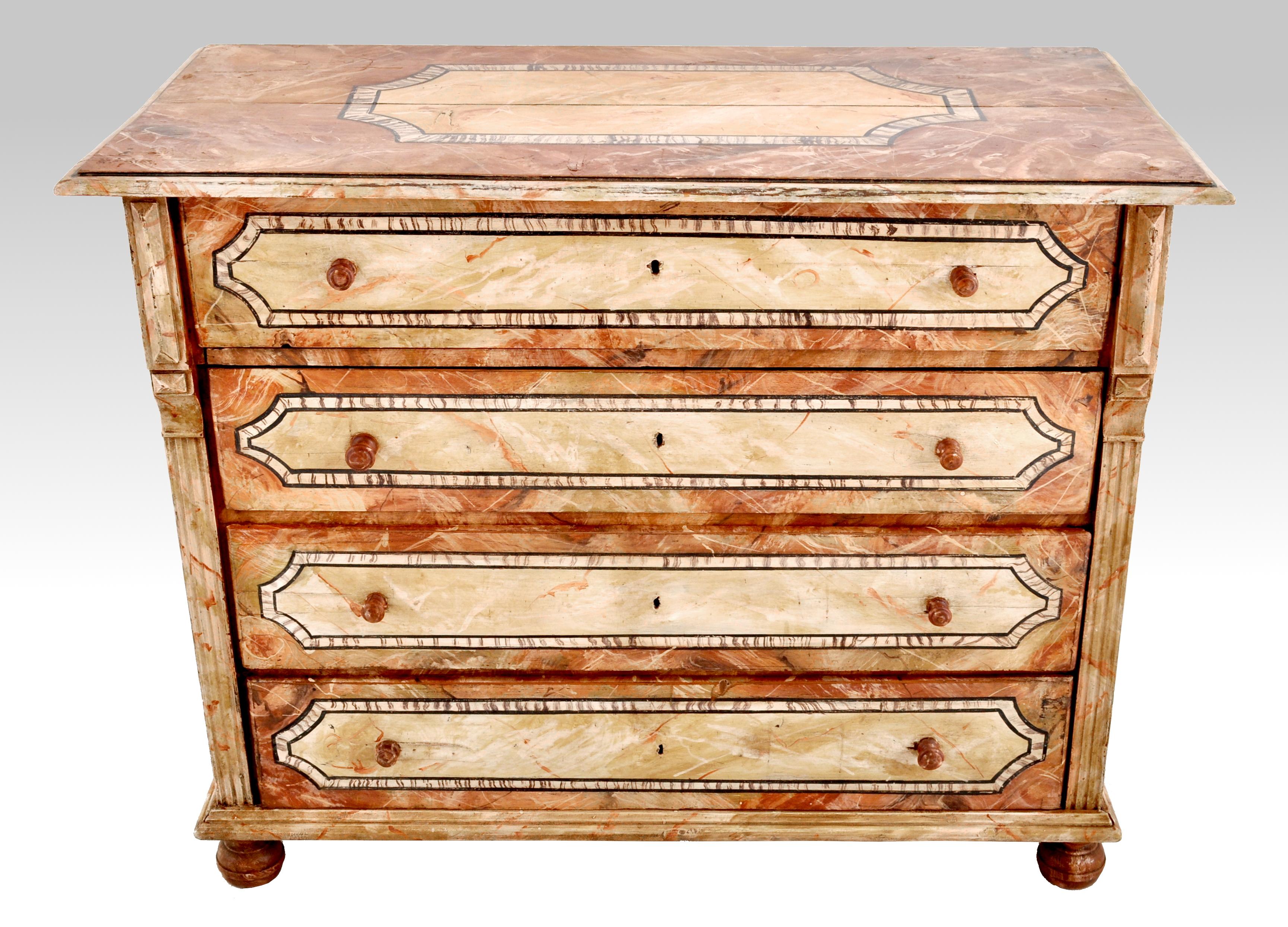 Antique Swedish/Scandinavian Gustavian paint decorated pine chest of drawers/dresser, circa 1830. The chest having a faux marble background, decorated with painted ivory panels. The chest having four drawers flanked with ribbed columns and standing
