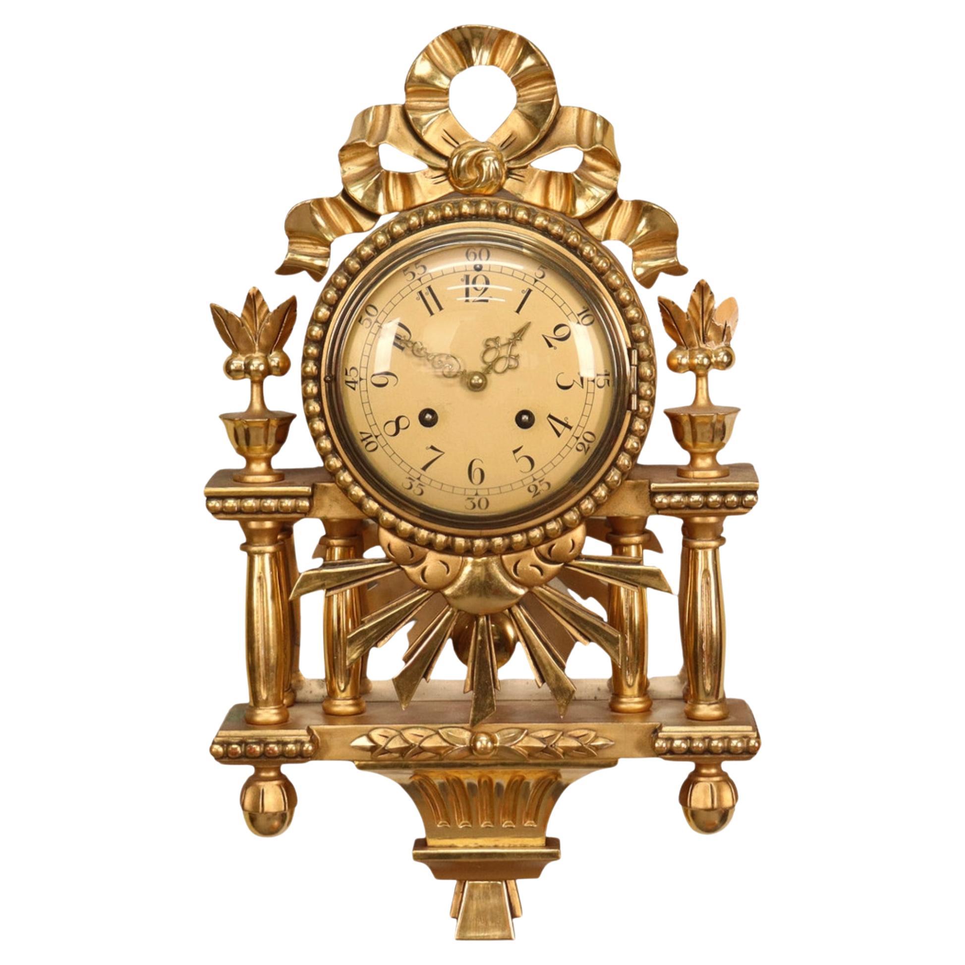 Antique Swedish Gustavian Rococo Giltwood Wall Clock, Stockholm Circa:1900s For Sale