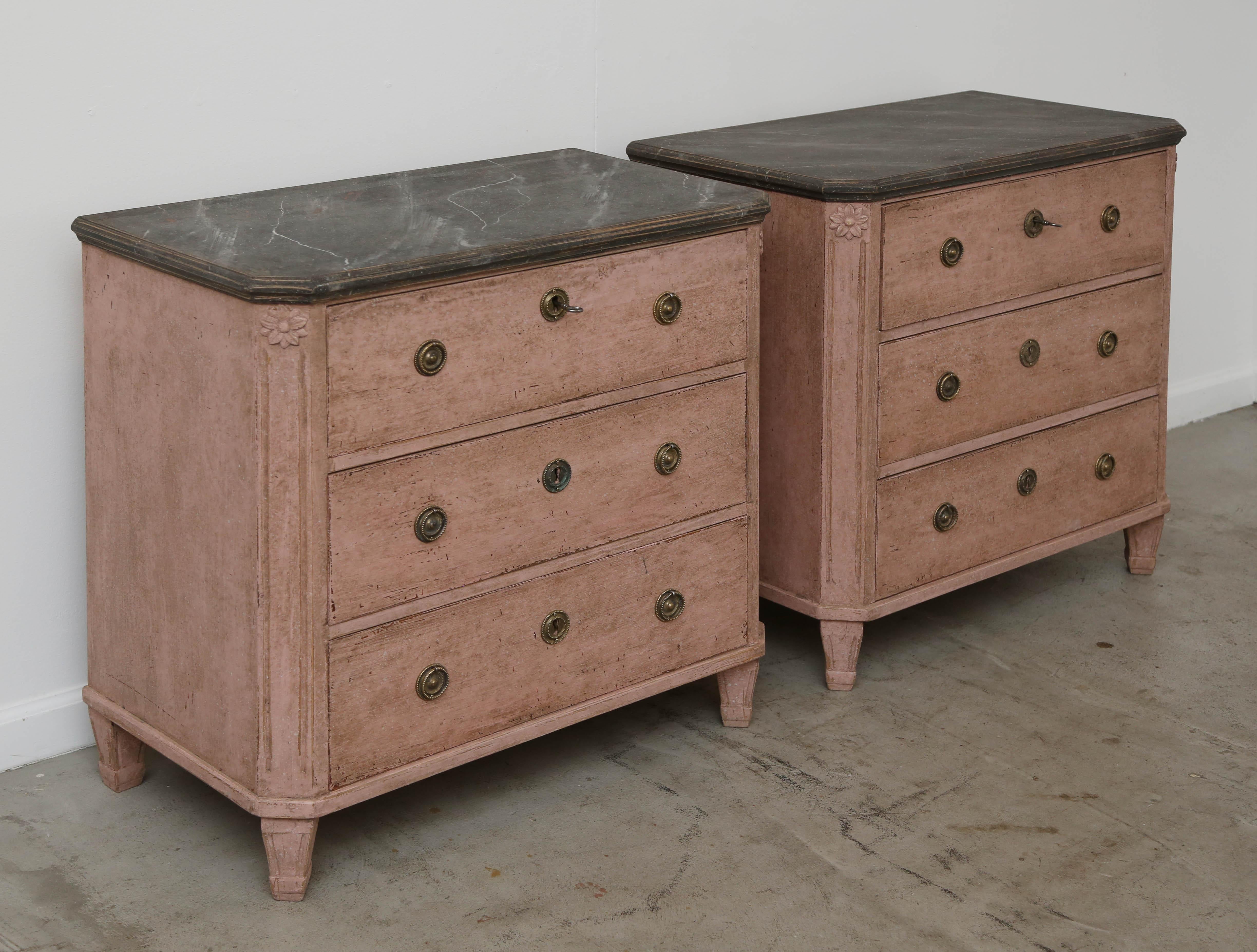 Antique Swedish Gustavian Style Rose Painted Chests with Faux Marble Tops,  5