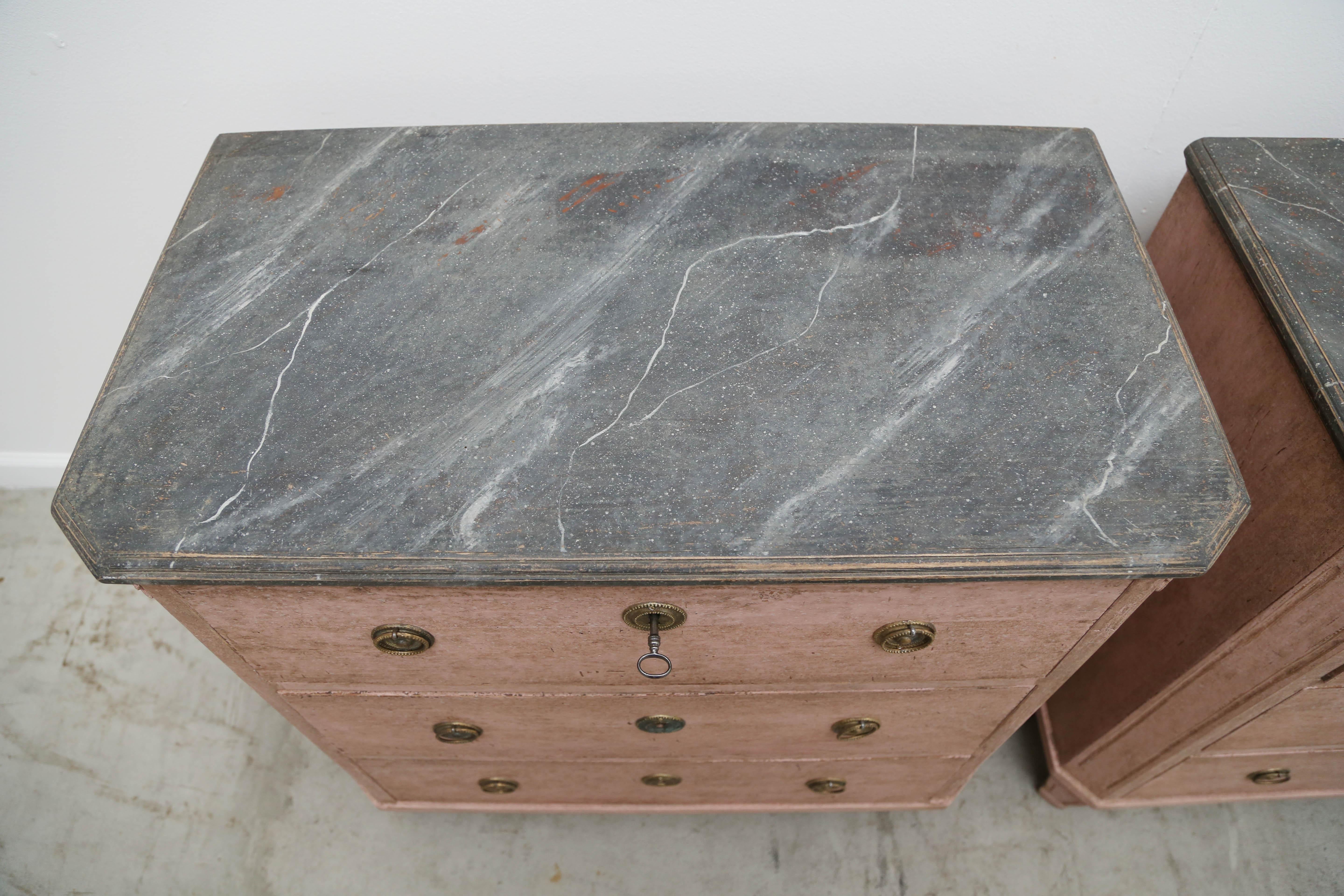 Antique Swedish Gustavian Style Rose Painted Chests with Faux Marble Tops,  6