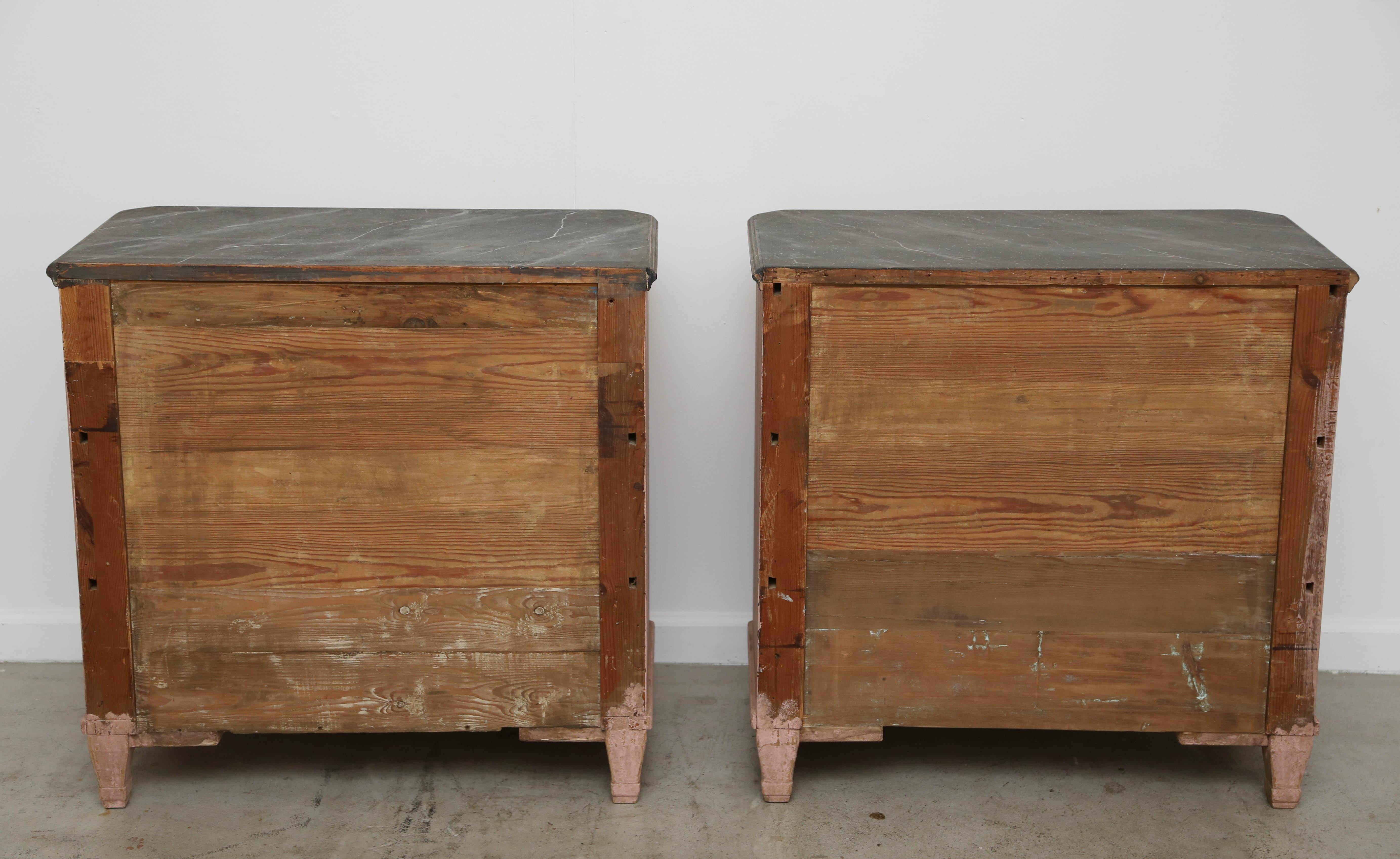 Wood Antique Swedish Gustavian Style Rose Painted Chests with Faux Marble Tops, 