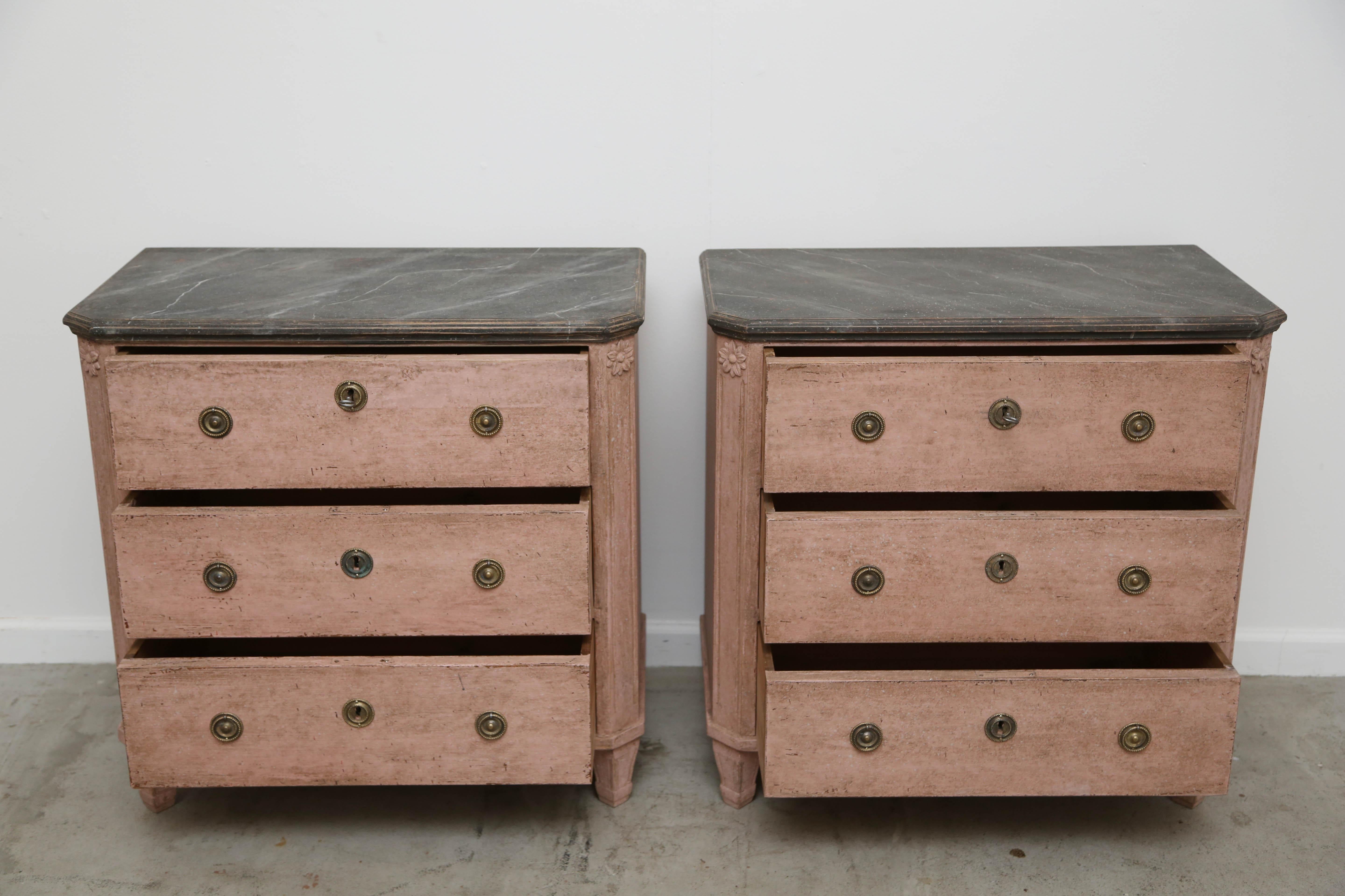 Antique Swedish Gustavian Style Rose Painted Chests with Faux Marble Tops,  1