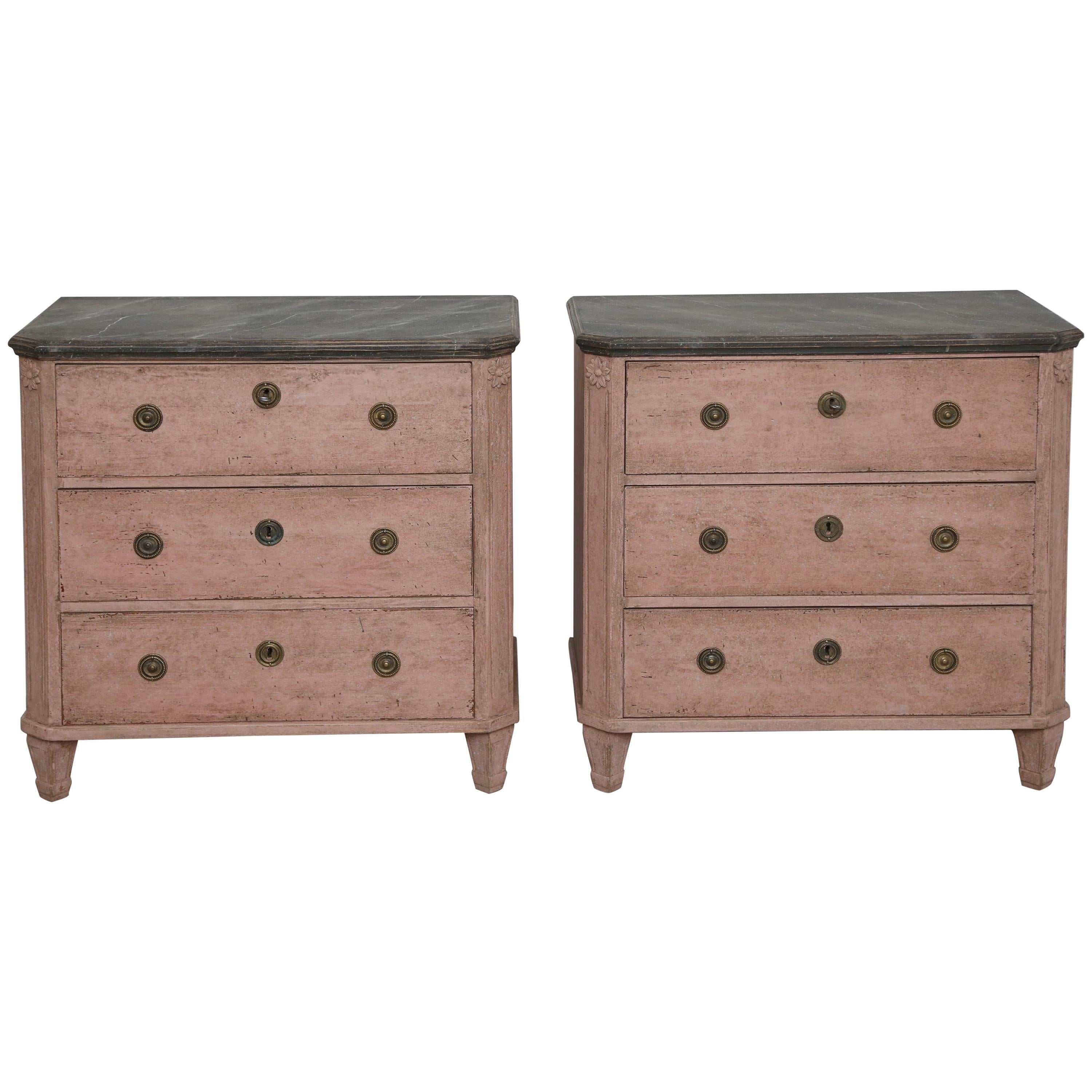 Antique Swedish Gustavian Style Rose Painted Chests with Faux Marble Tops, 
