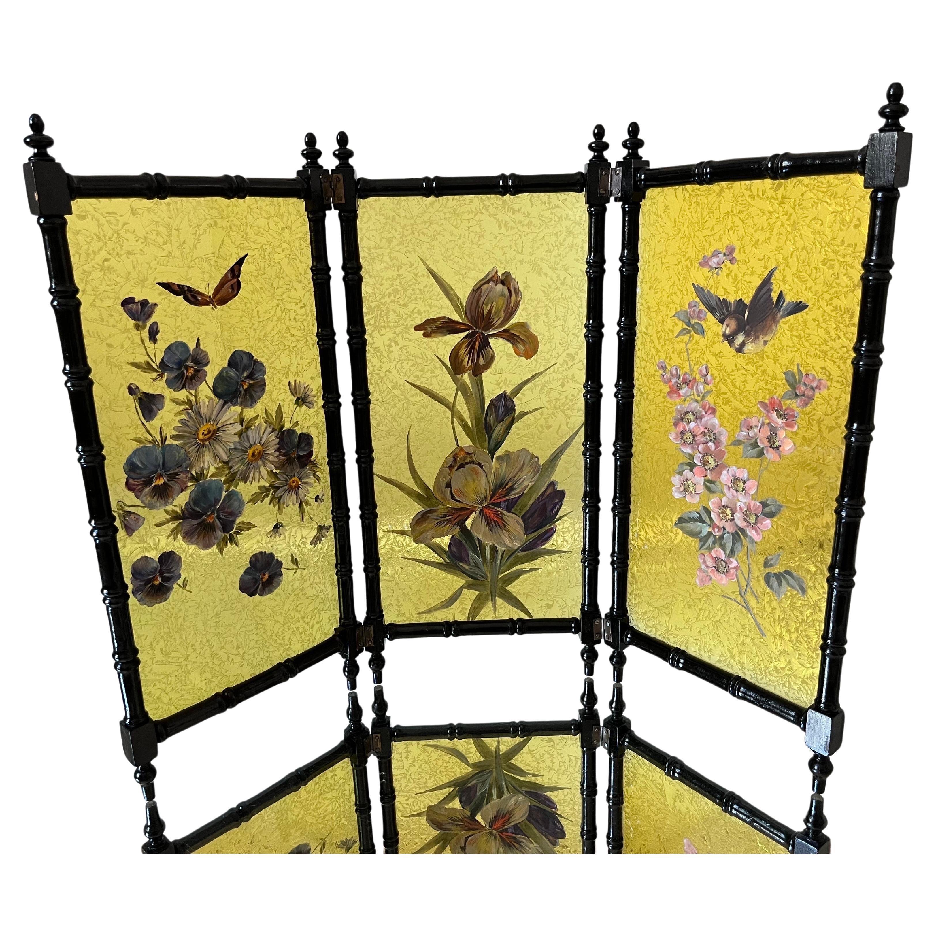 Antique Swedish Hand-Painted Decorative Three-Panel Glass Screen For Sale