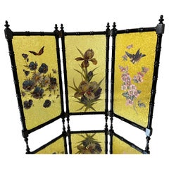 Antique Swedish Hand-Painted Decorative Three-Panel Glass Screen