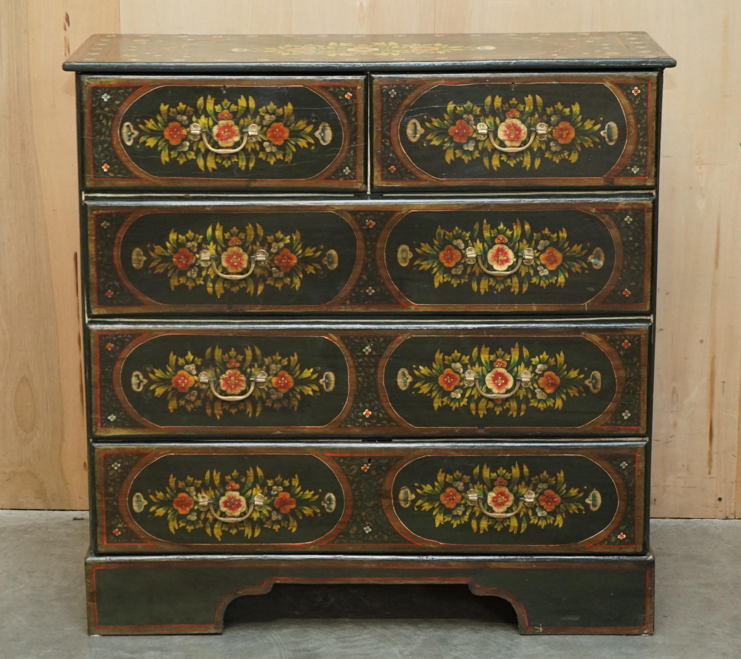 Late Victorian ANTiQUE SWEDISH HAND PAINTED GREEN FLORAL TWO OVER THREE CHEST OF DRAWERS For Sale