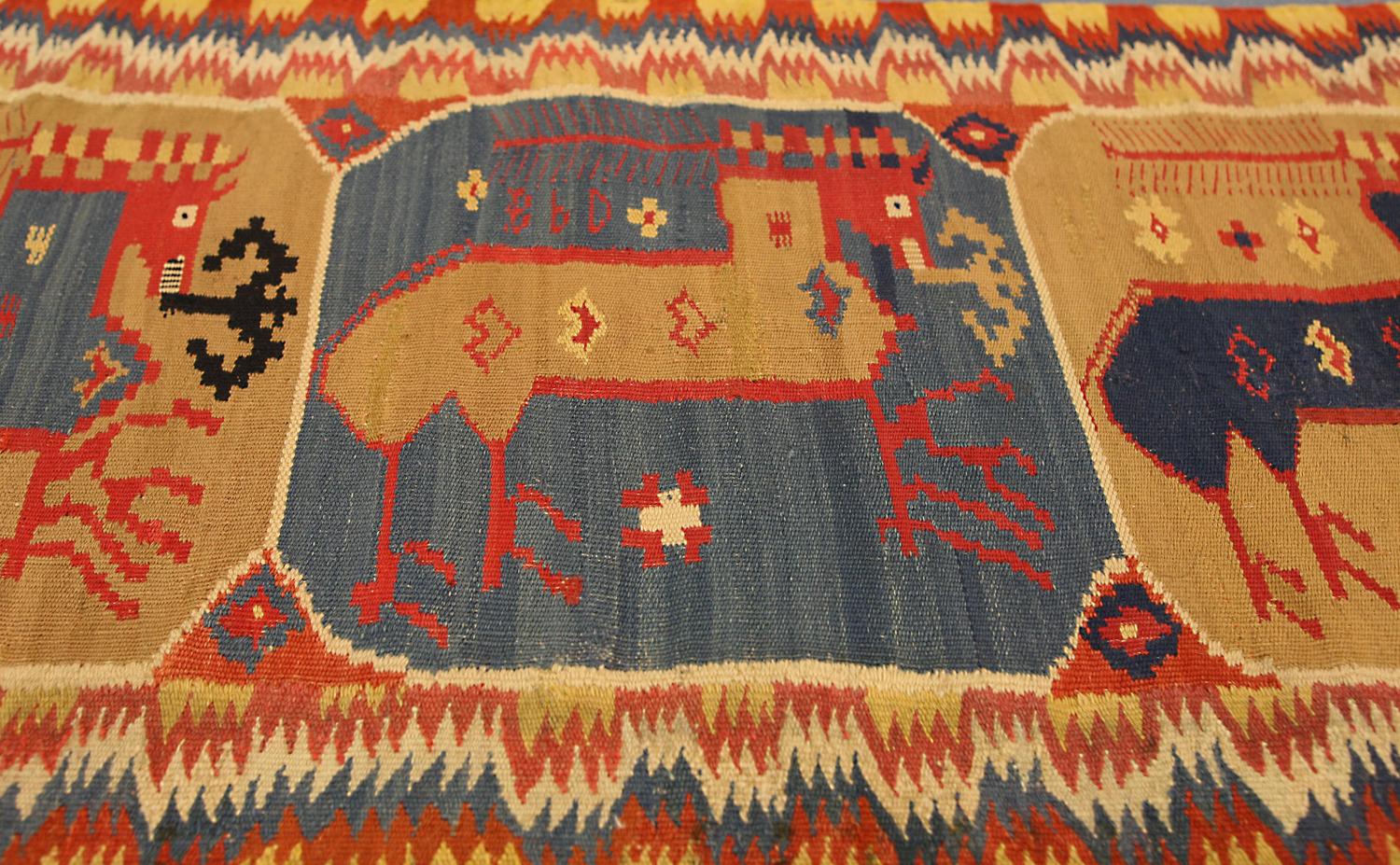 Hand-Knotted Antique Swedish Horse Design Beige and Blue Textile, 19th Century For Sale